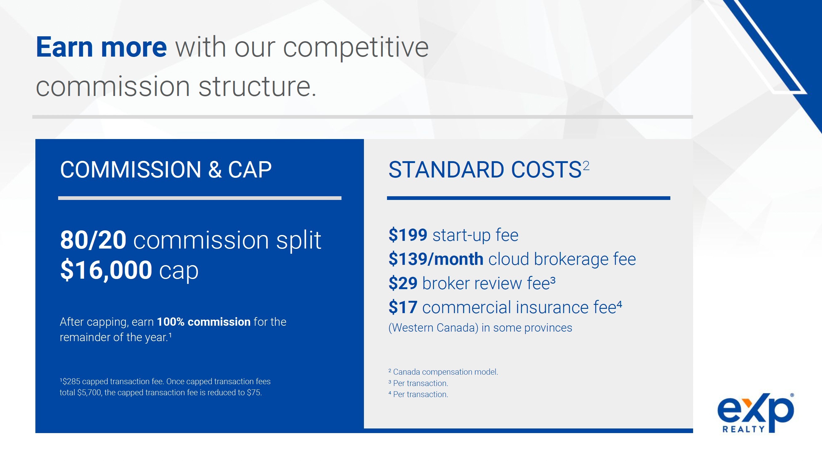 eXp Realty's transparent 80/20 commission split and affordable cap system for Canadian agents.
