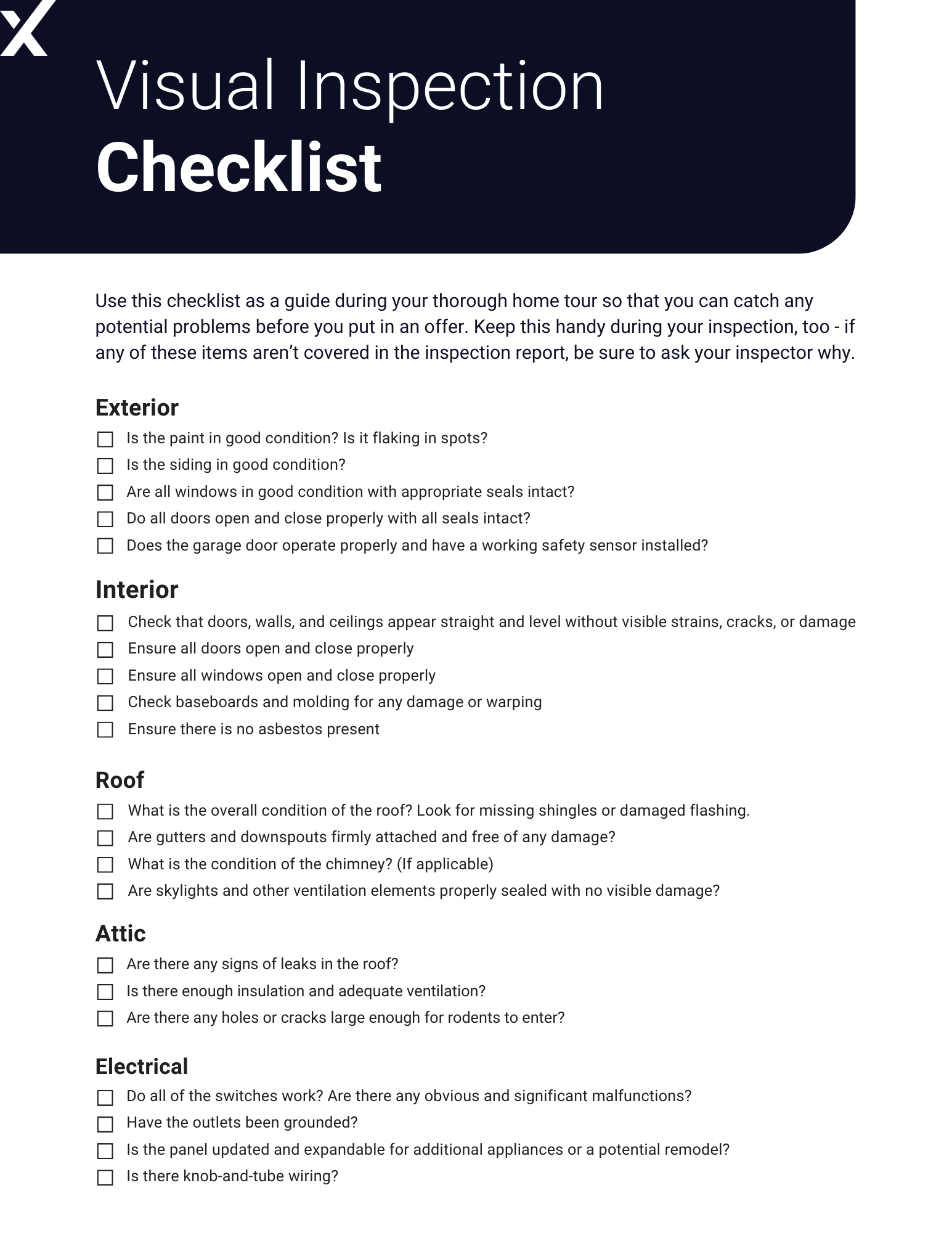 Homebuyer checklist to visually inspect the exterior, interior, roof, attic, and electrical systems during property tours