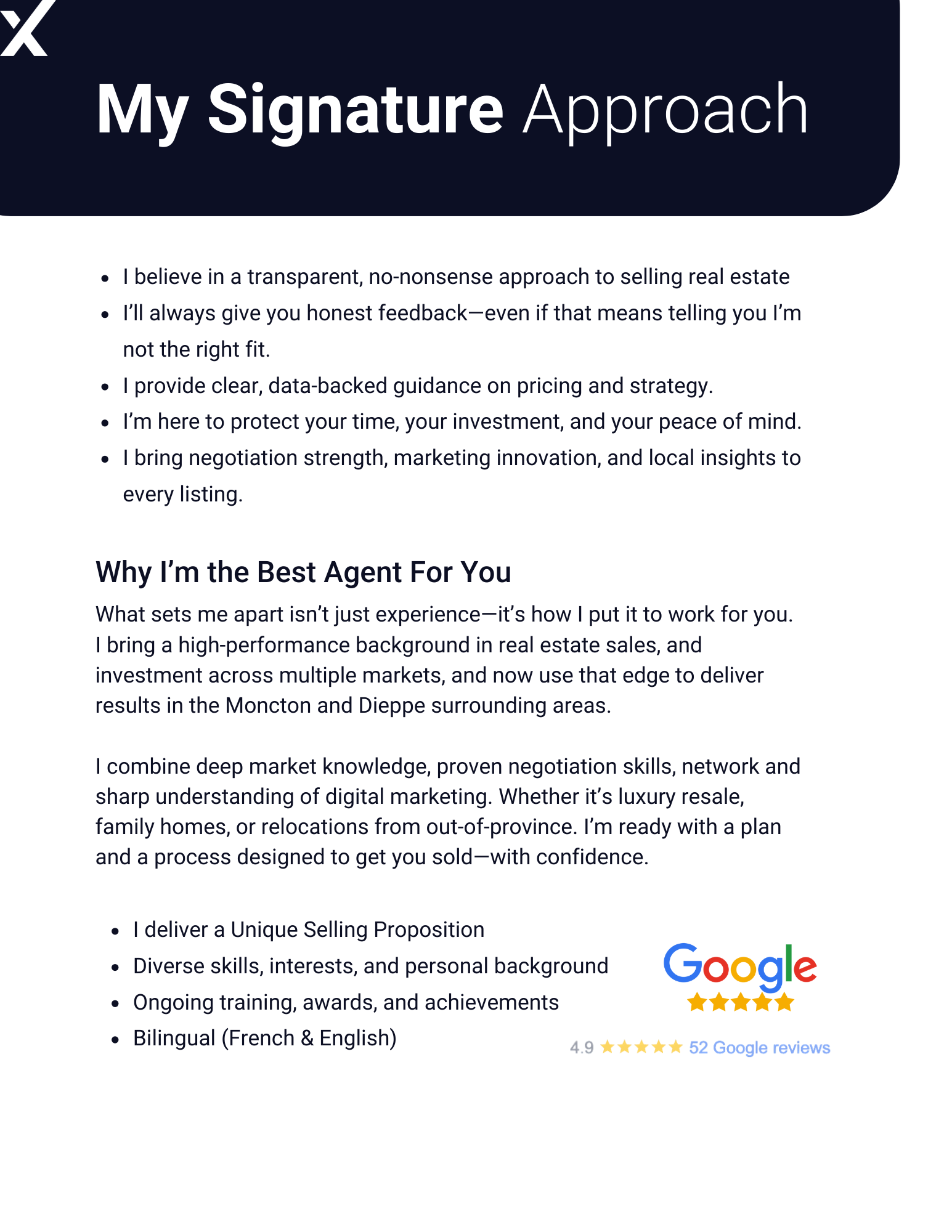 Page describing Joel Langlois’ signature approach to real estate, highlighting transparency, negotiation skills, and bilingual service
