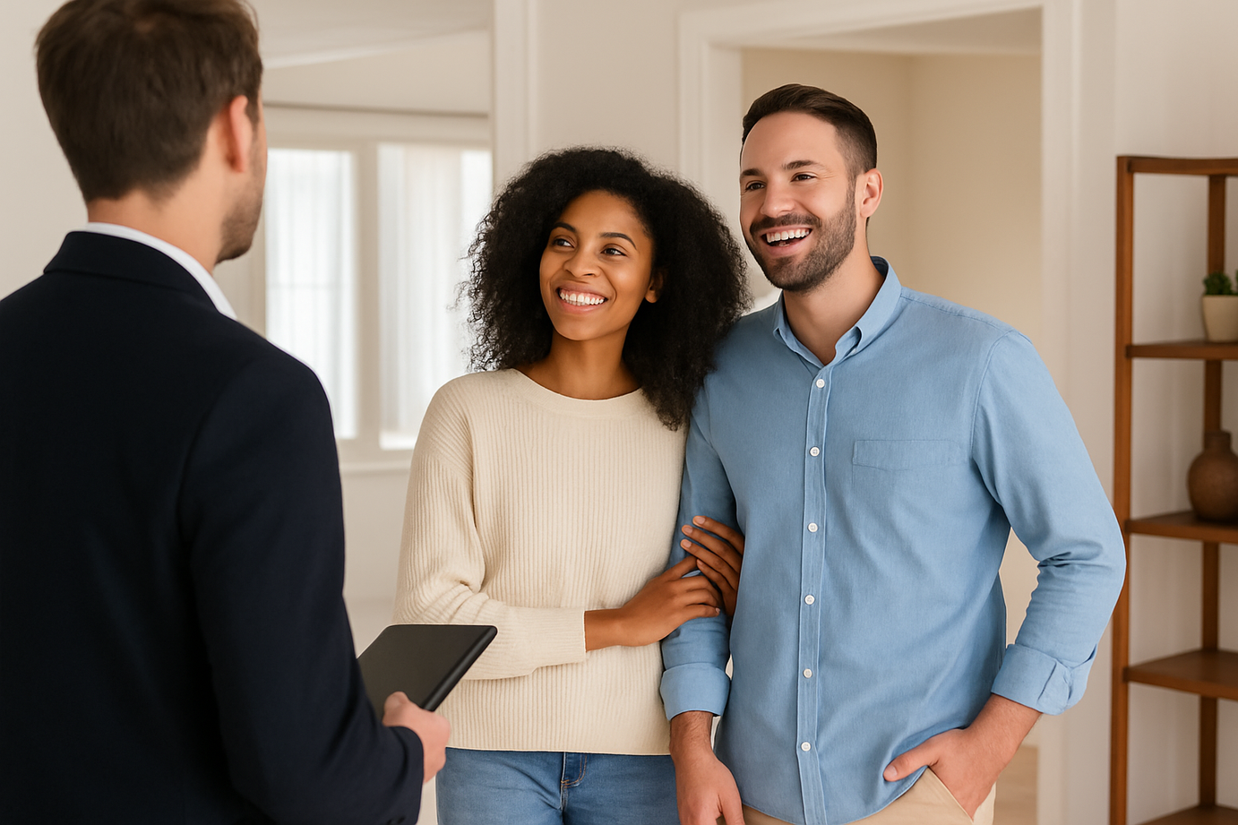 Real estate agent showing a home to a smiling couple; the agent is facing the couple with his back to the camera, while the couple looks engaged and happy in a bright, modern living space.
