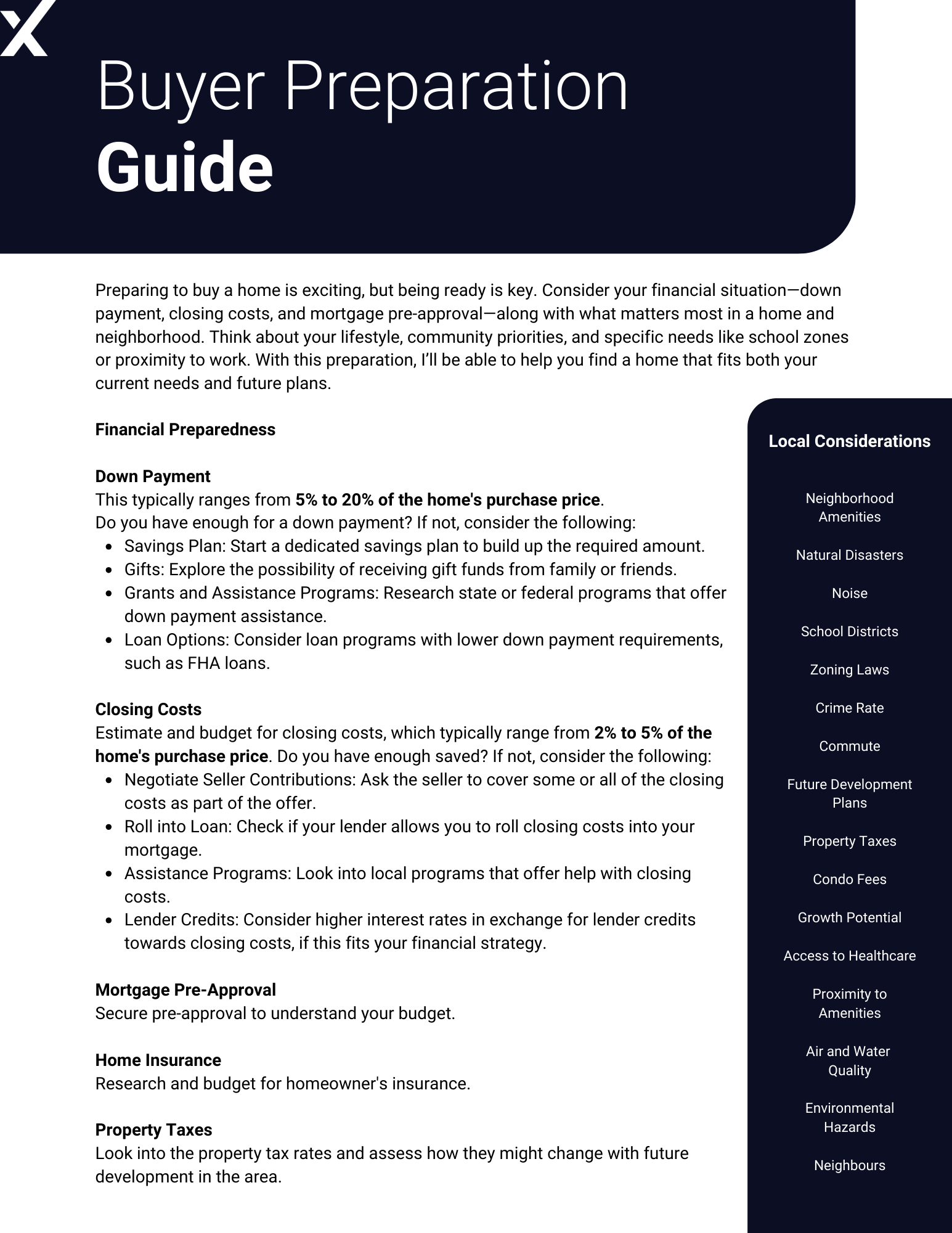 Page detailing down payment savings, closing costs, mortgage pre-approval, and factors like taxes, insurance, and local considerations