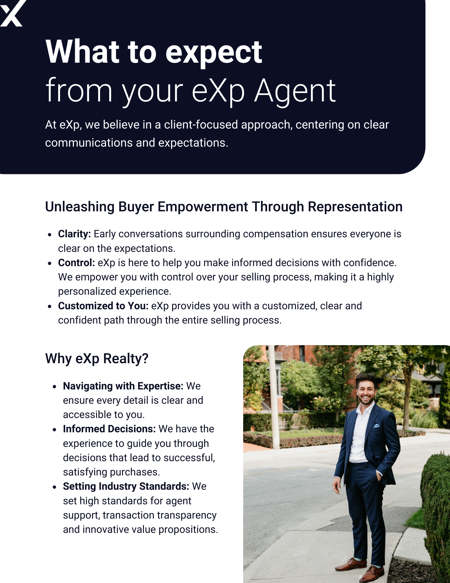 Page explaining eXp’s buyer empowerment principles—clarity, control, and customization—with Joel Langlois’ client-focused approach