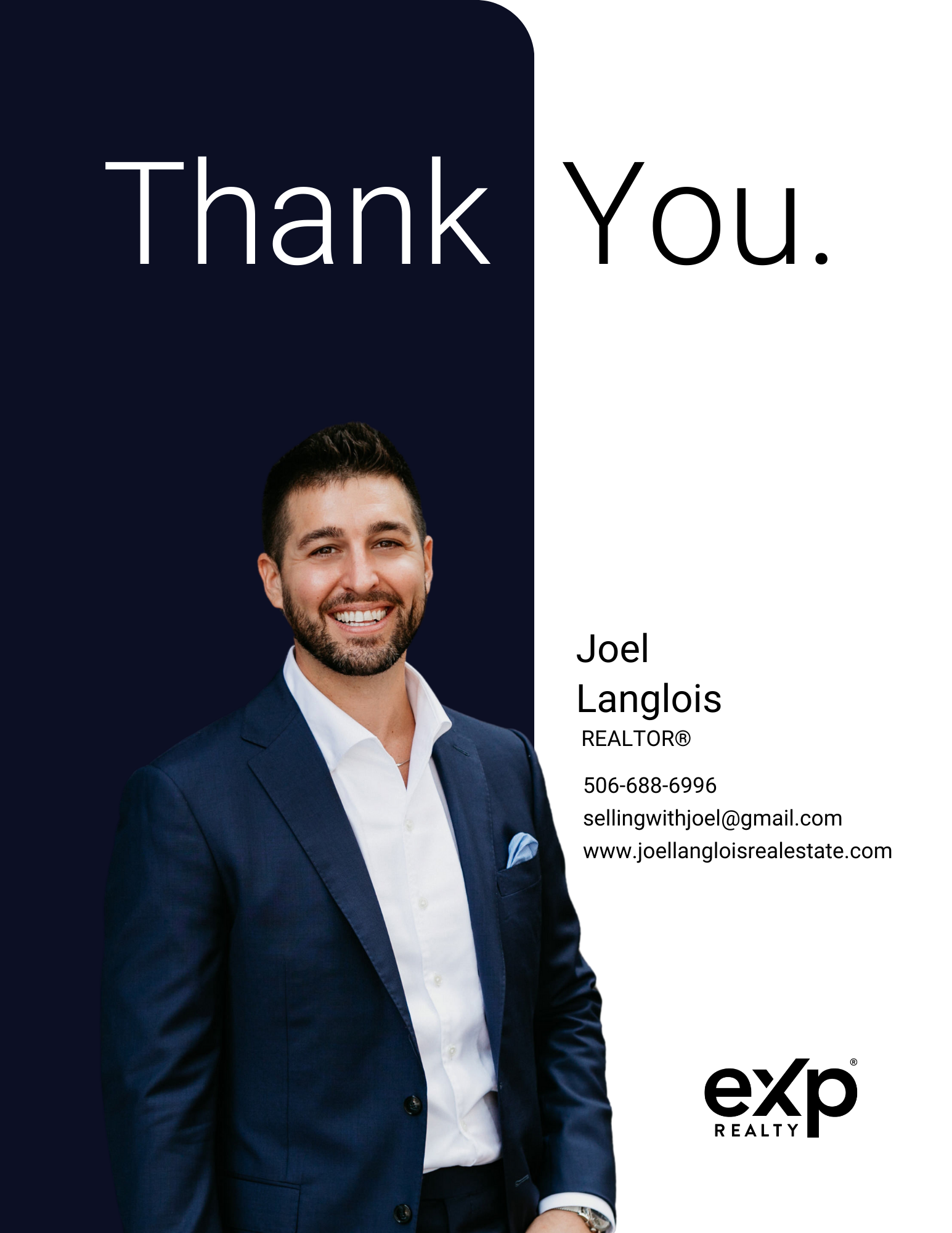 Thank you page with contact information for Joel Langlois, Realtor in Moncton, NB