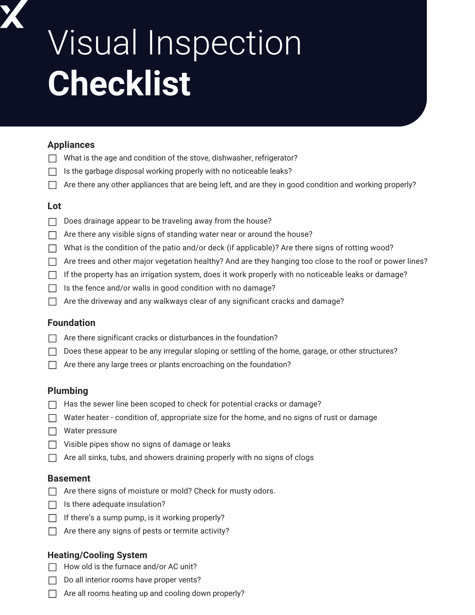 Checklist for inspecting appliances, lot condition, foundation, plumbing, basement, and HVAC systems when buying a home