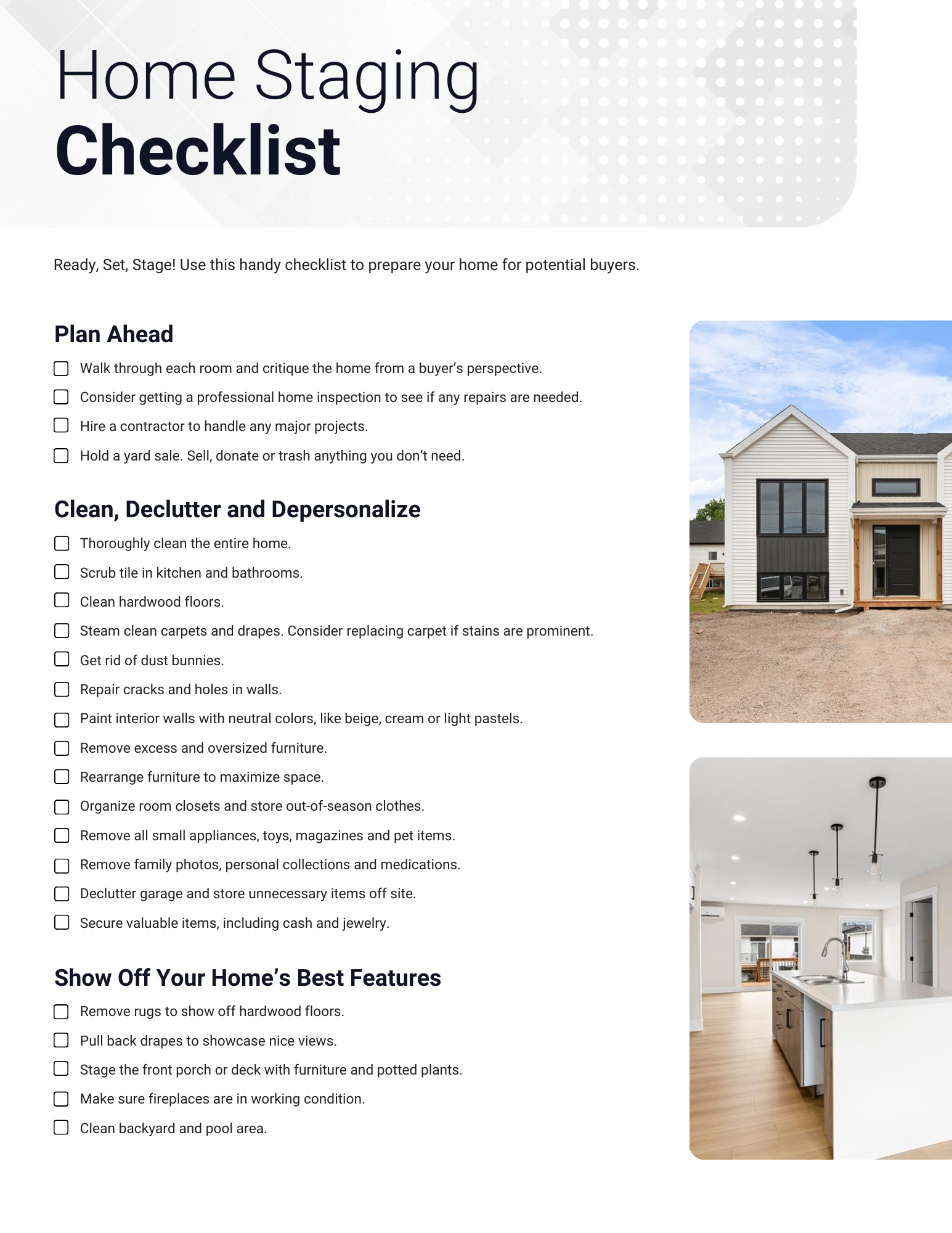 Checklist to prepare your home for sale including cleaning, decluttering, and highlighting features