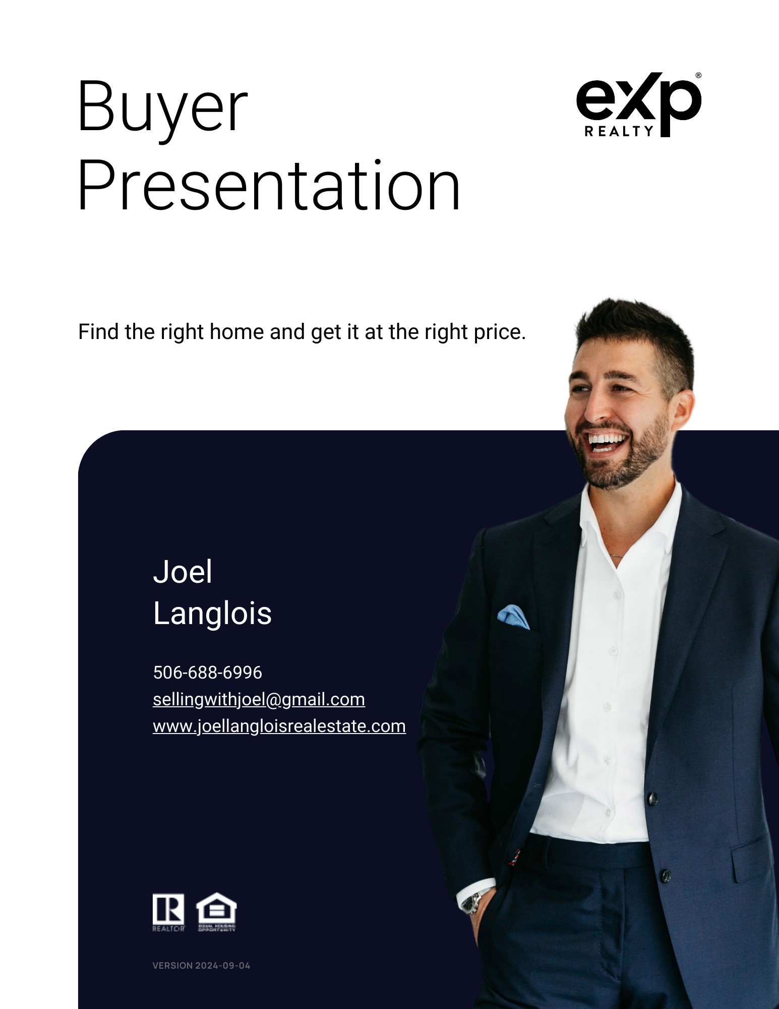 Cover page of Buyer Presentation by Joel Langlois, REALTOR® with contact details and eXp Realty logo