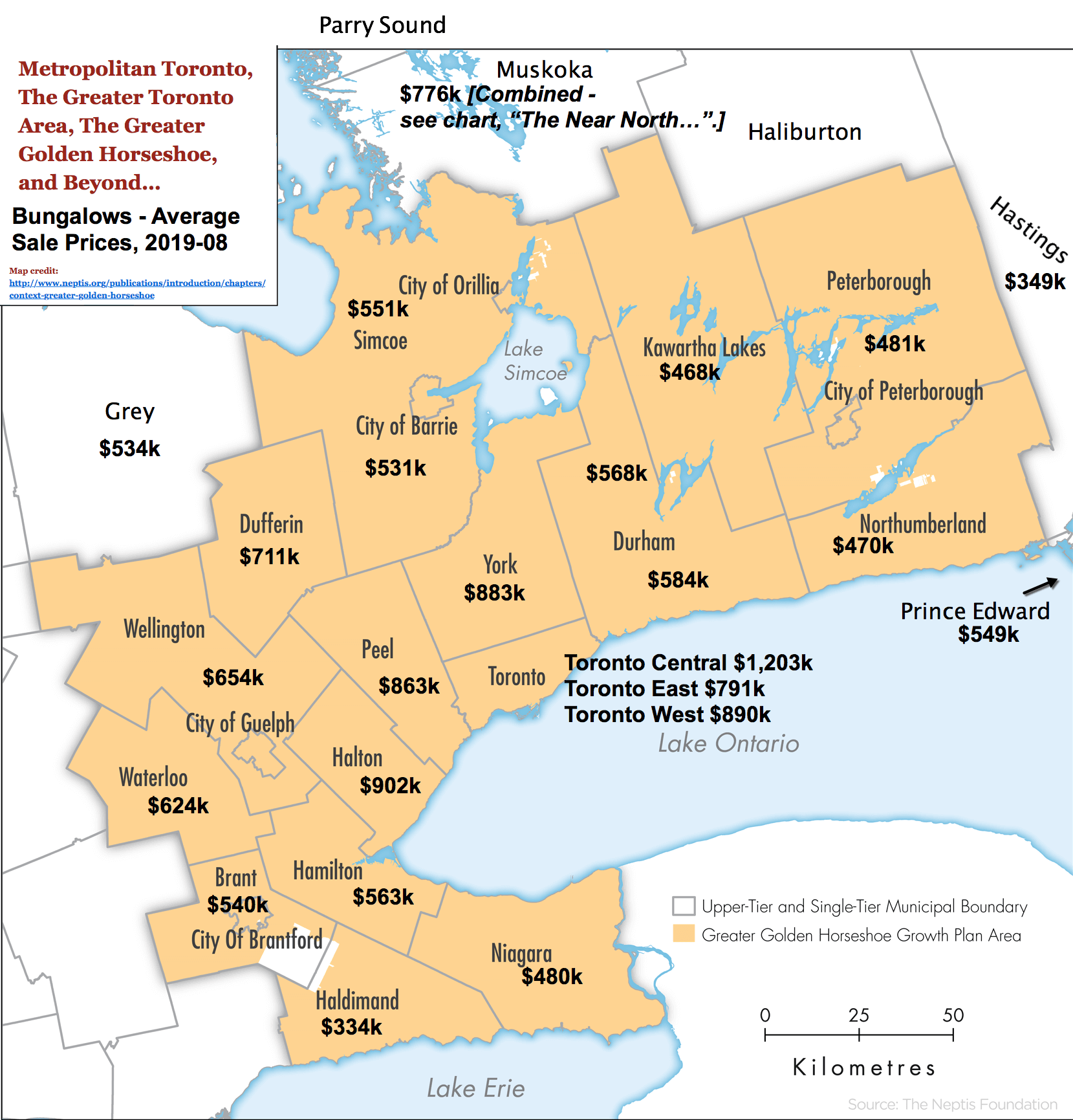 Image: Toronto / GTA / GGH Reference Map with 2019-08 Bungalow Prices & Stats by City / Region