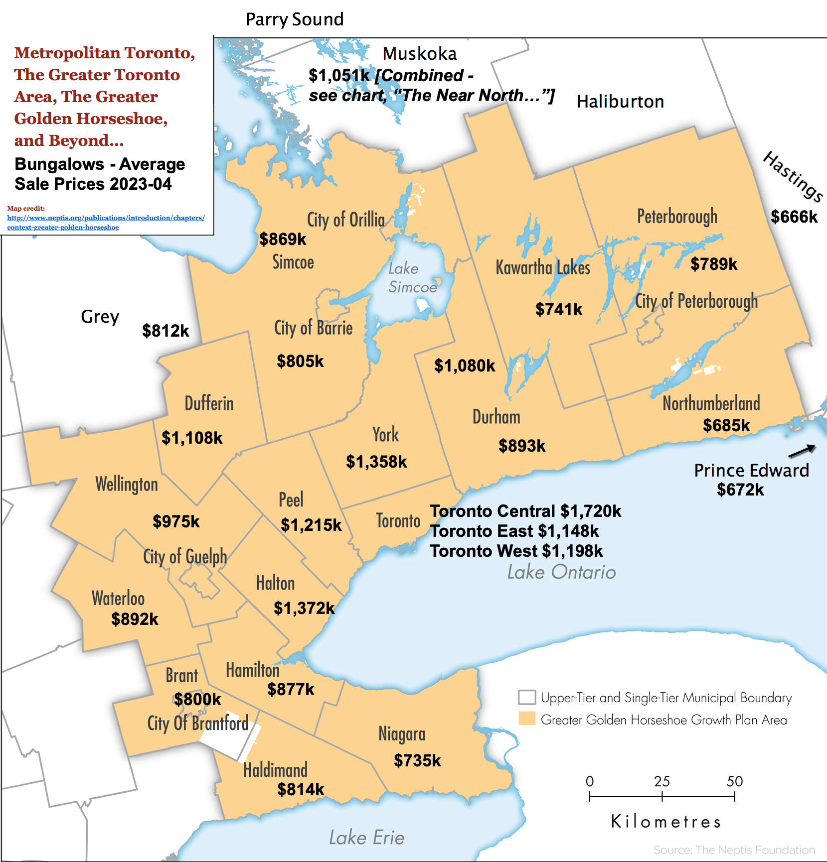 Image - Toronto, GTA & GGH Ontario Map with 2023-04 1 Storey & Bungalow Statistics by City / Region