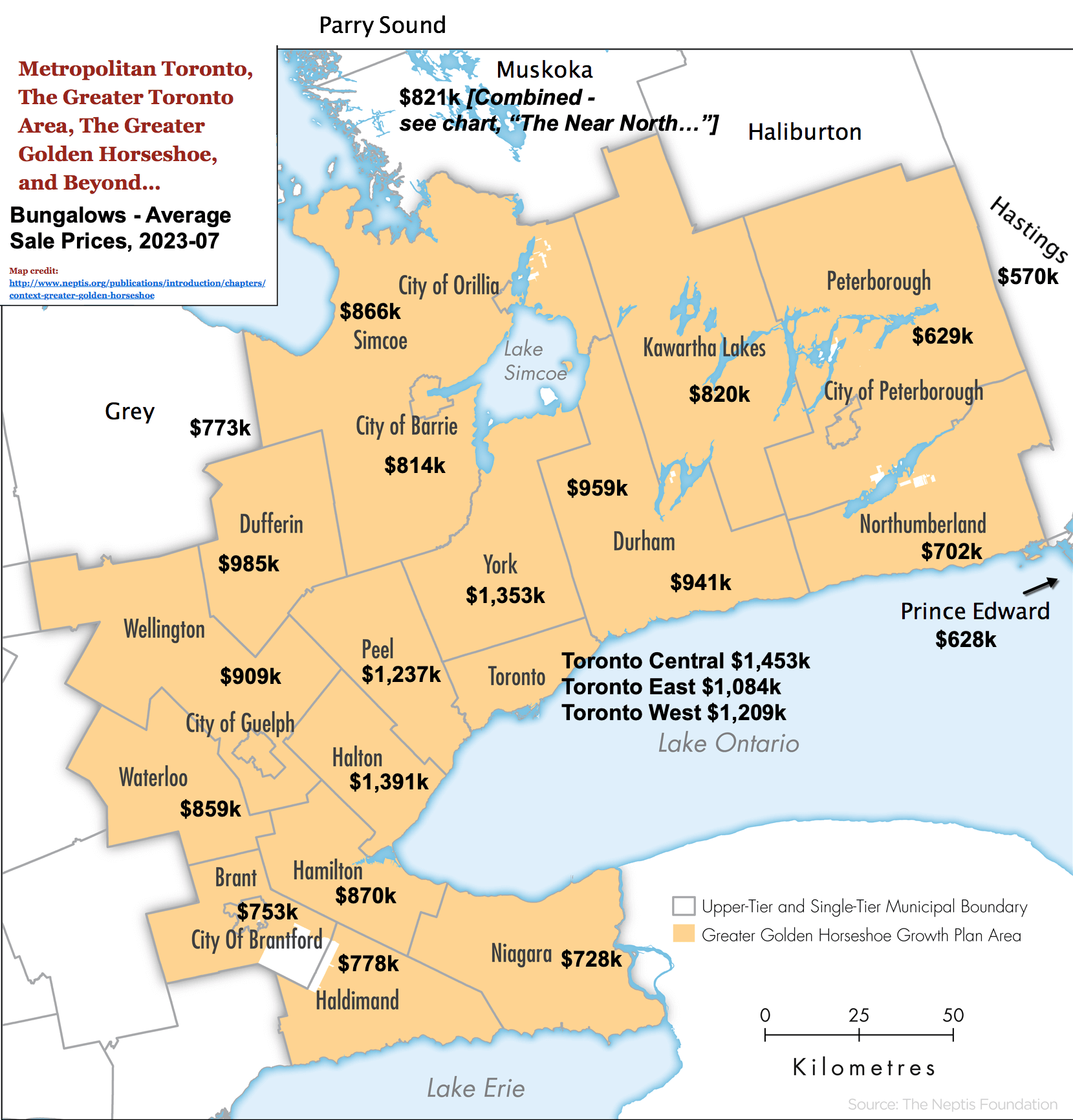 Image - Toronto, GTA & GGH Ontario Map with 2023-07 1 Storey & Bungalow Statistics by City / Region