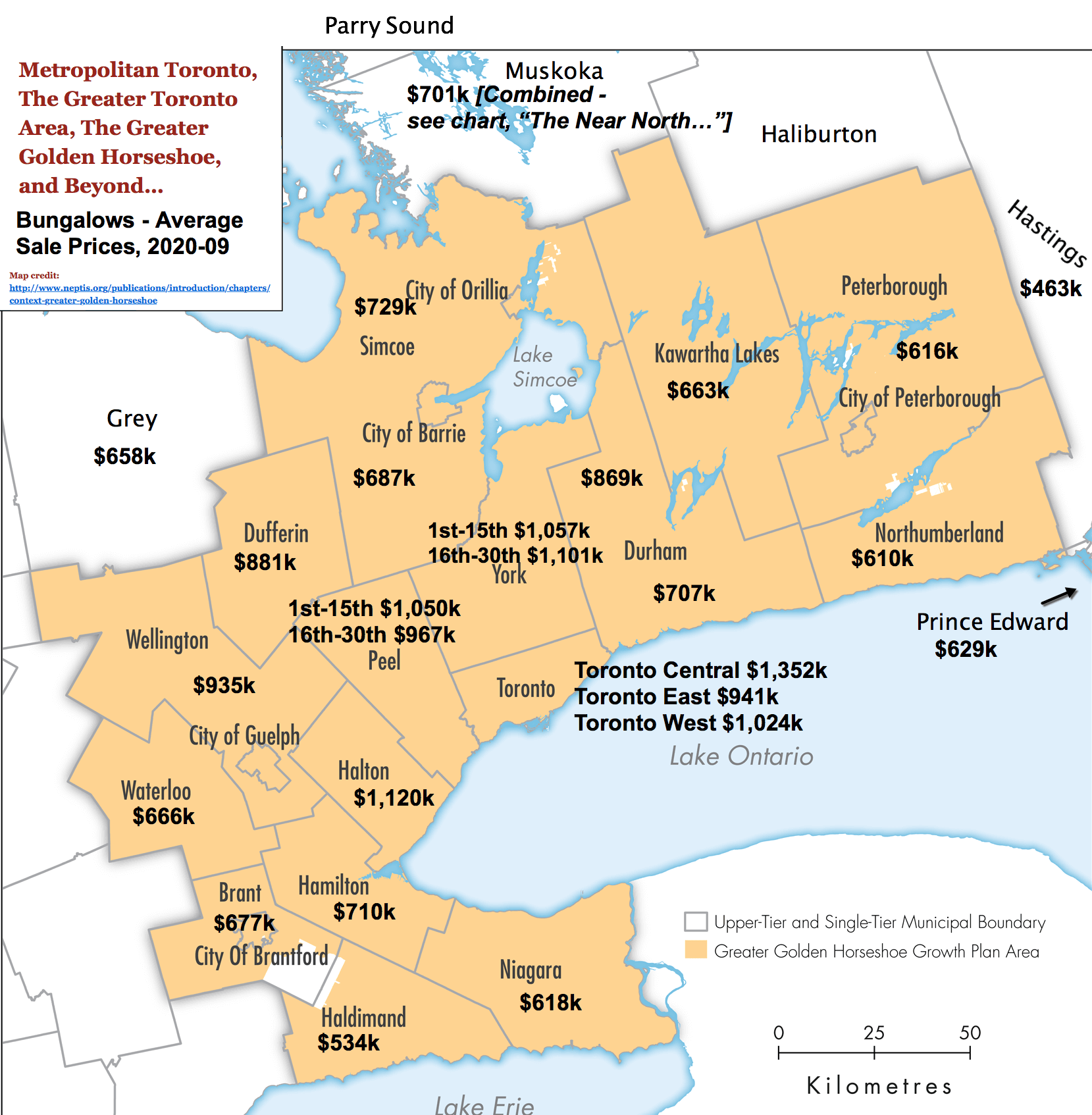 Image: Toronto / GTA / GGH Reference Map with 2020-09 Bungalow Prices & Stats by City / Region