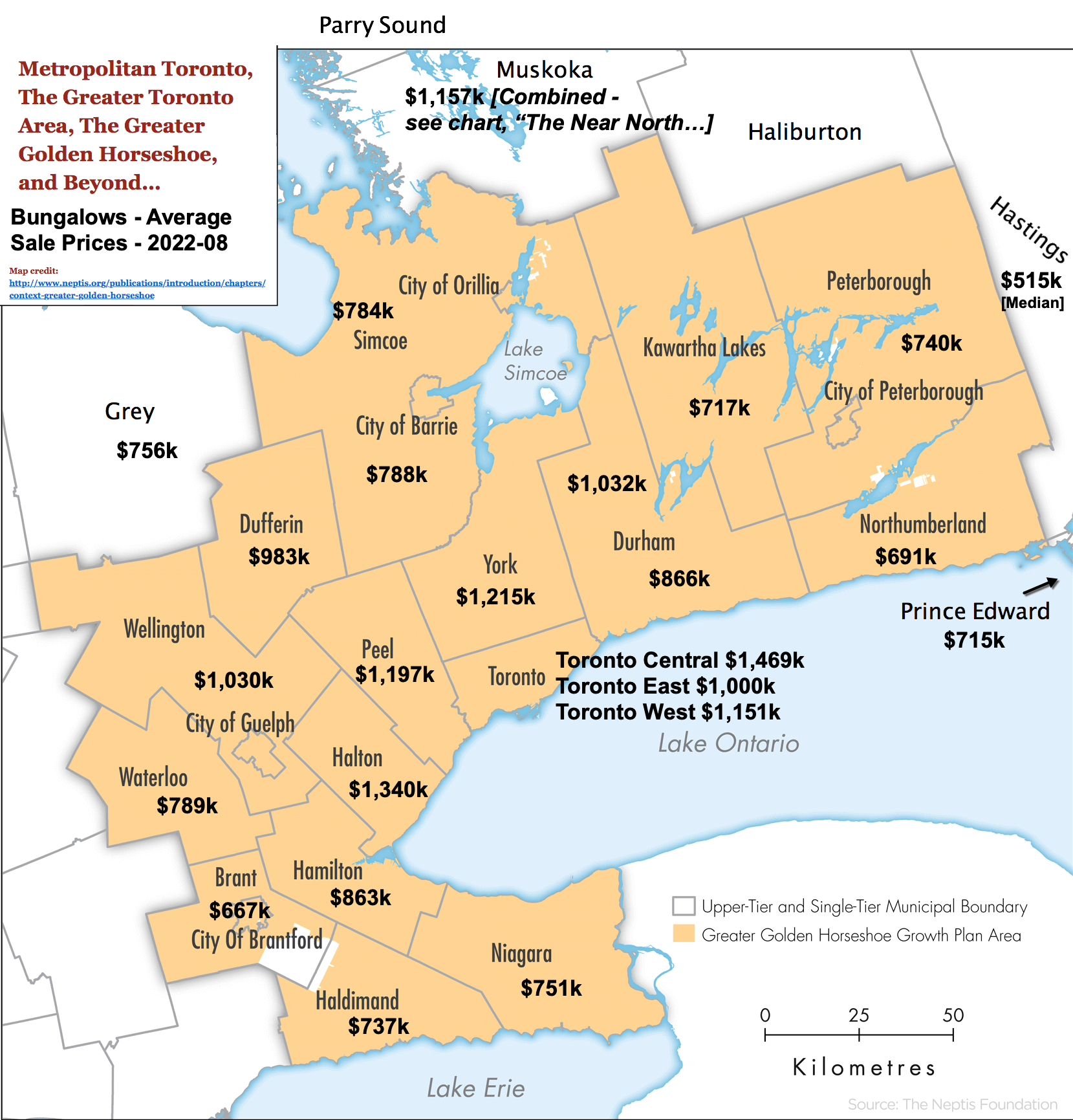 Image - Toronto, GTA & GGH Ontario Map with 2022-08 1 Storey & Bungalow Statistics by City / Region