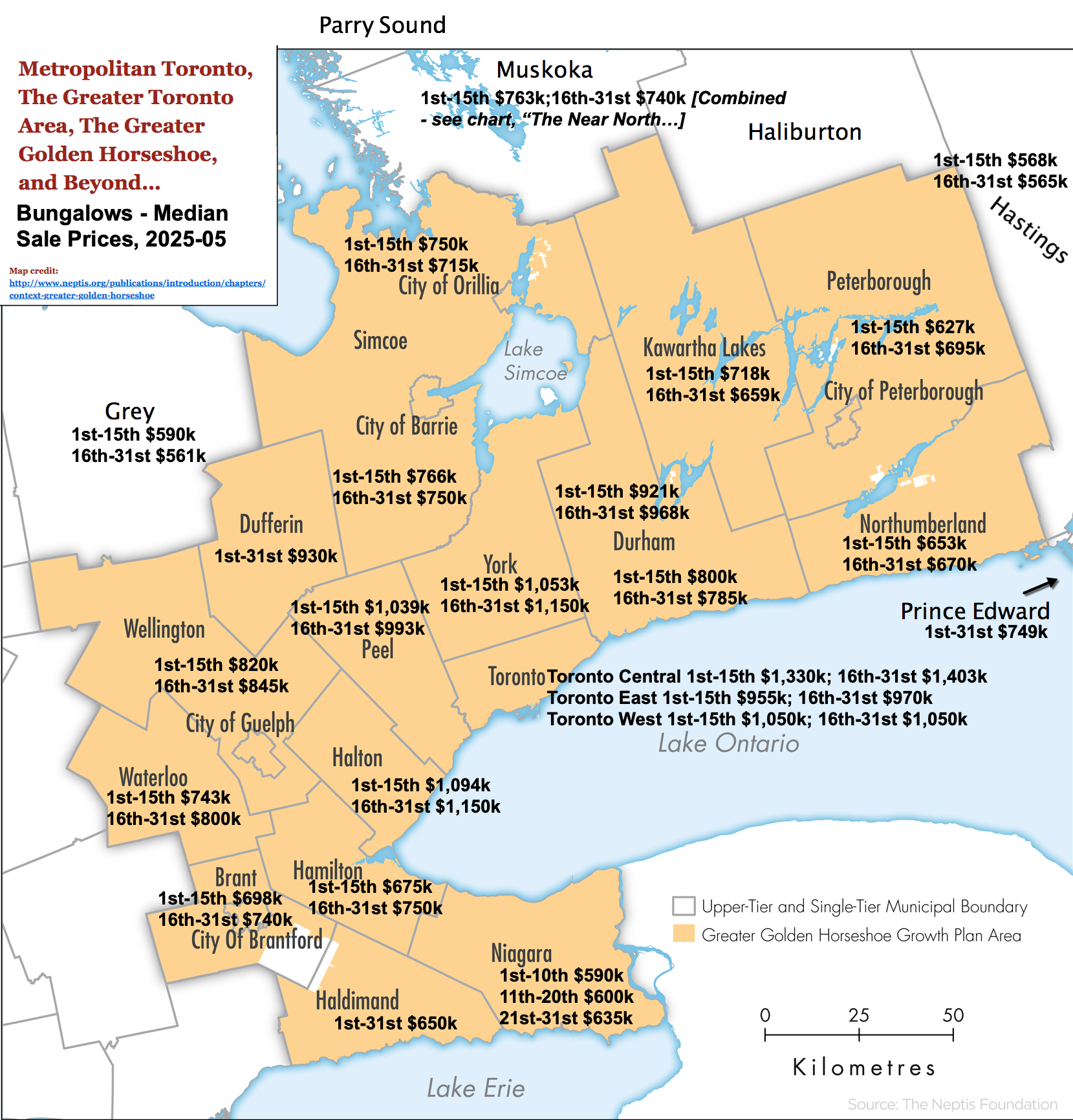 Map - 2025-05 Toronto GTA, GGH Ontario Bungalows, 1 Storey & Bungaloft For Sale, Sold & Full Stats by City-Region