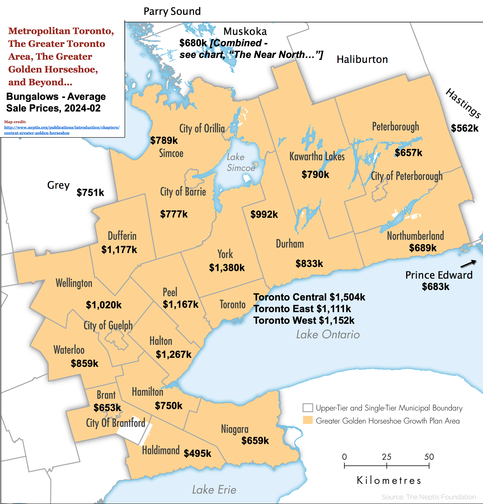 Image - Toronto, GTA & GGH Ontario Map with 2024-02 Bungalow & 1 Storey Home Sales Statistics by City / Region