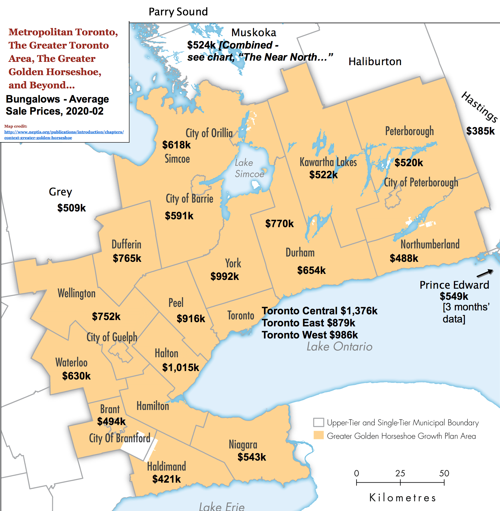 Image: Toronto / GTA / GGH Reference Map with 2020-02 Bungalow Prices & Stats by City / Region