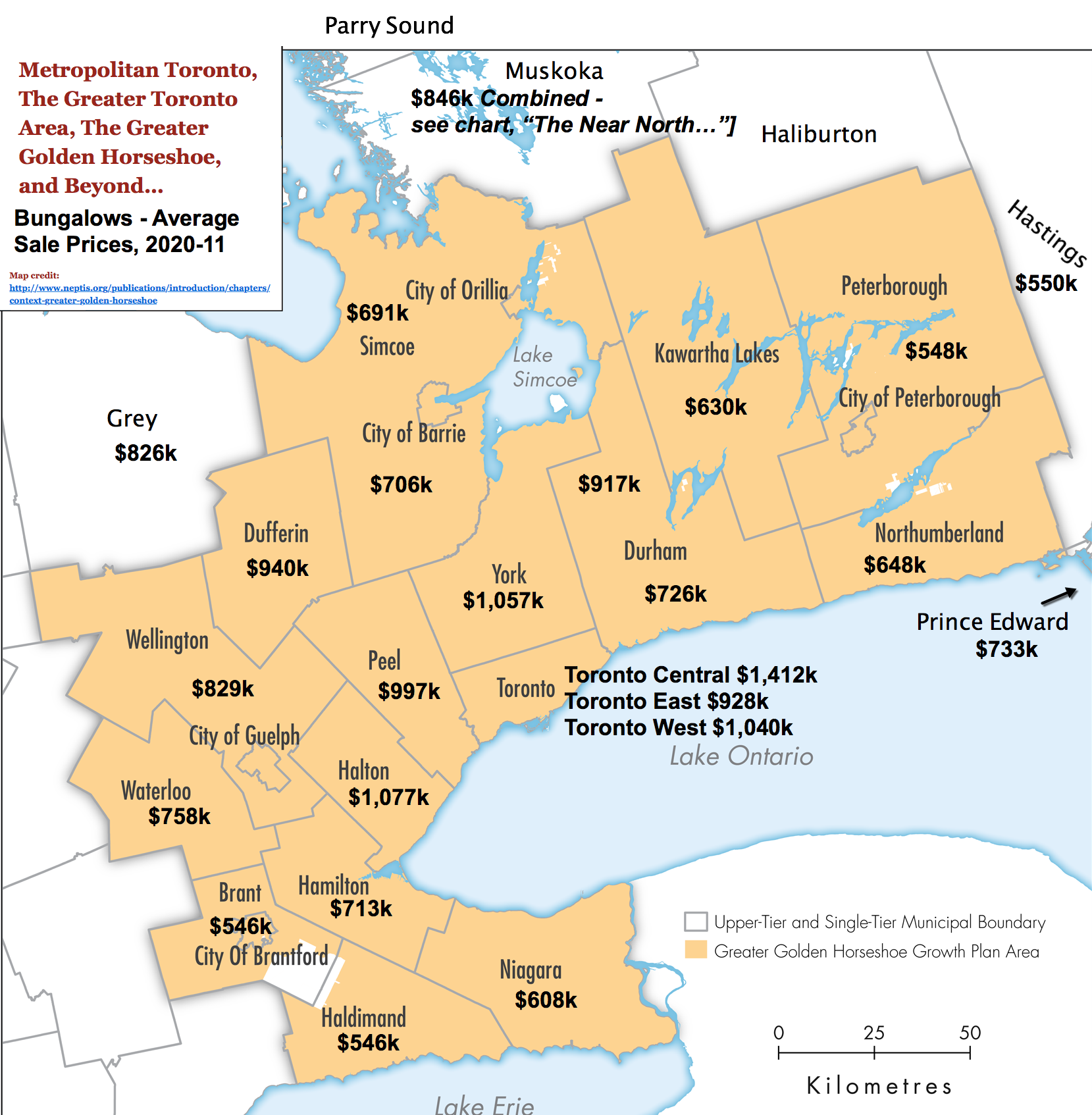 Image: Toronto / GTA / GGH Reference Map with 2020-11 Bungalow Prices & Stats by City / Region