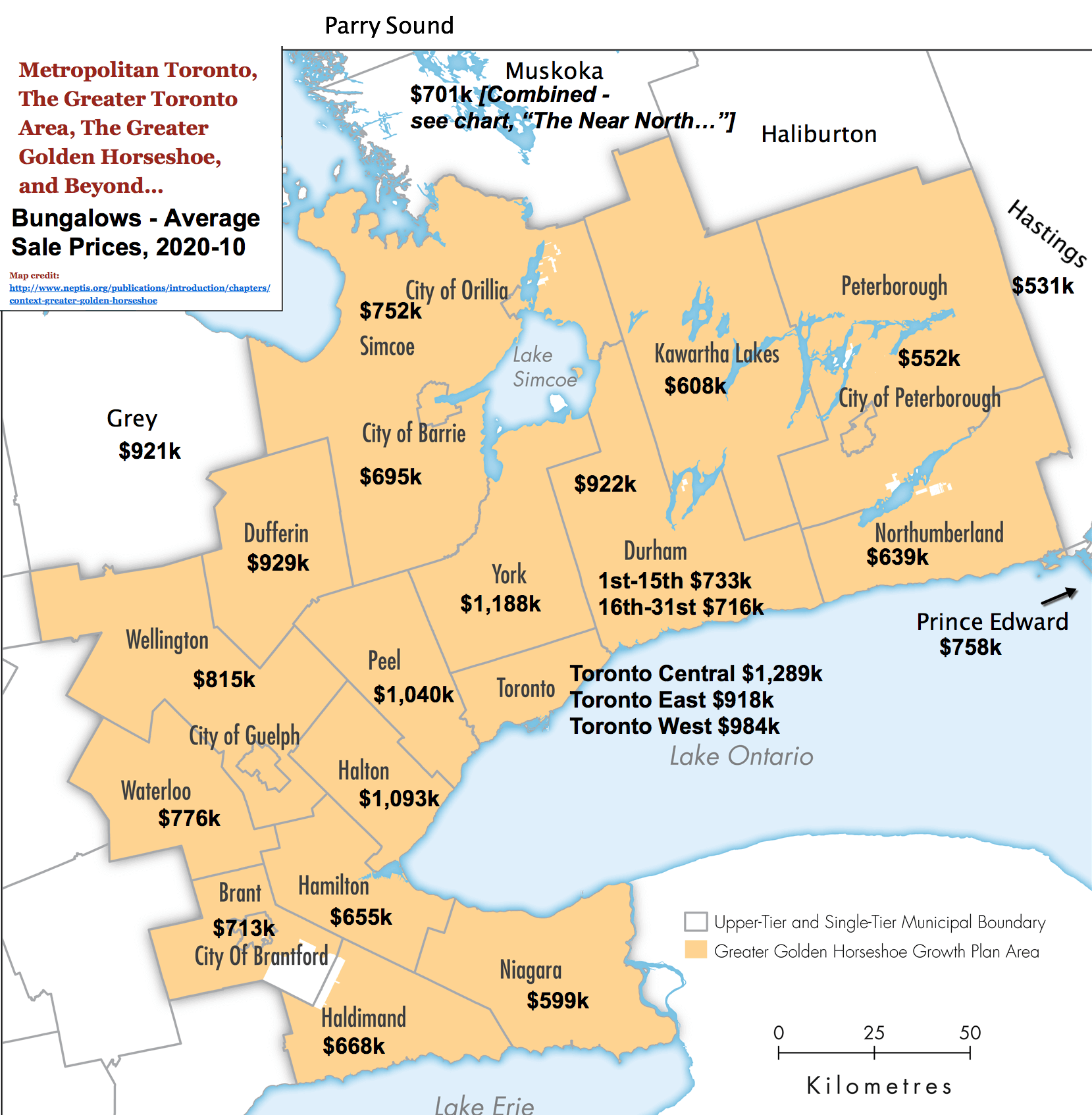 Image: Toronto / GTA / GGH Reference Map with 2020-10 Bungalow Prices & Stats by City / Region