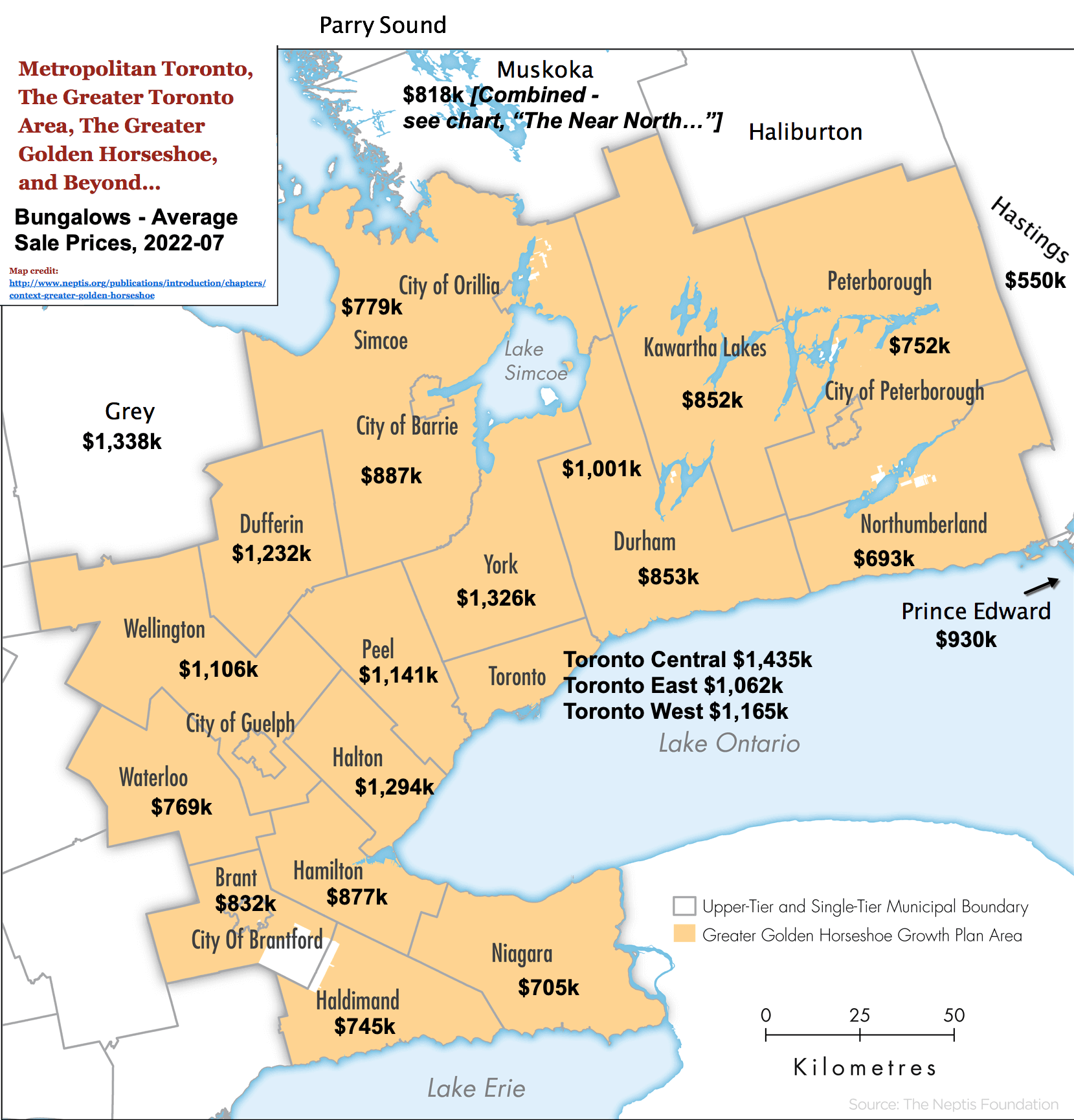 Image - Toronto, GTA & GGH Ontario Map with 2022-07 1 Storey & Bungalow Statistics by City / Region