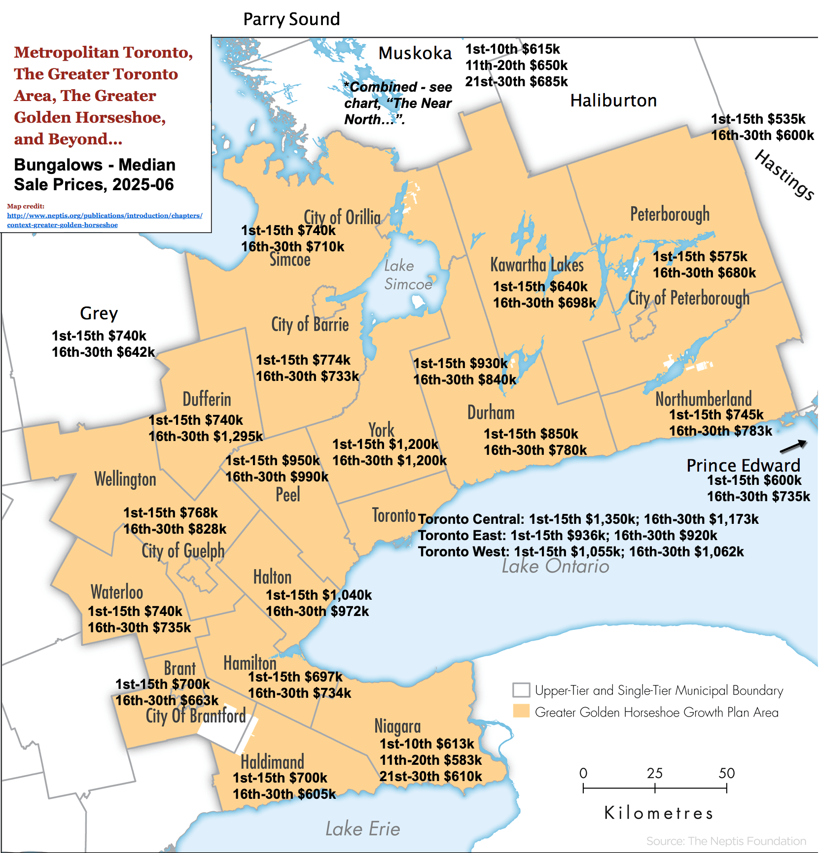 Map - 2025-06 Toronto GTA, GGH Ontario Bungalows, 1 Storey & Bungaloft For Sale, Sold & Full Stats by City-Region