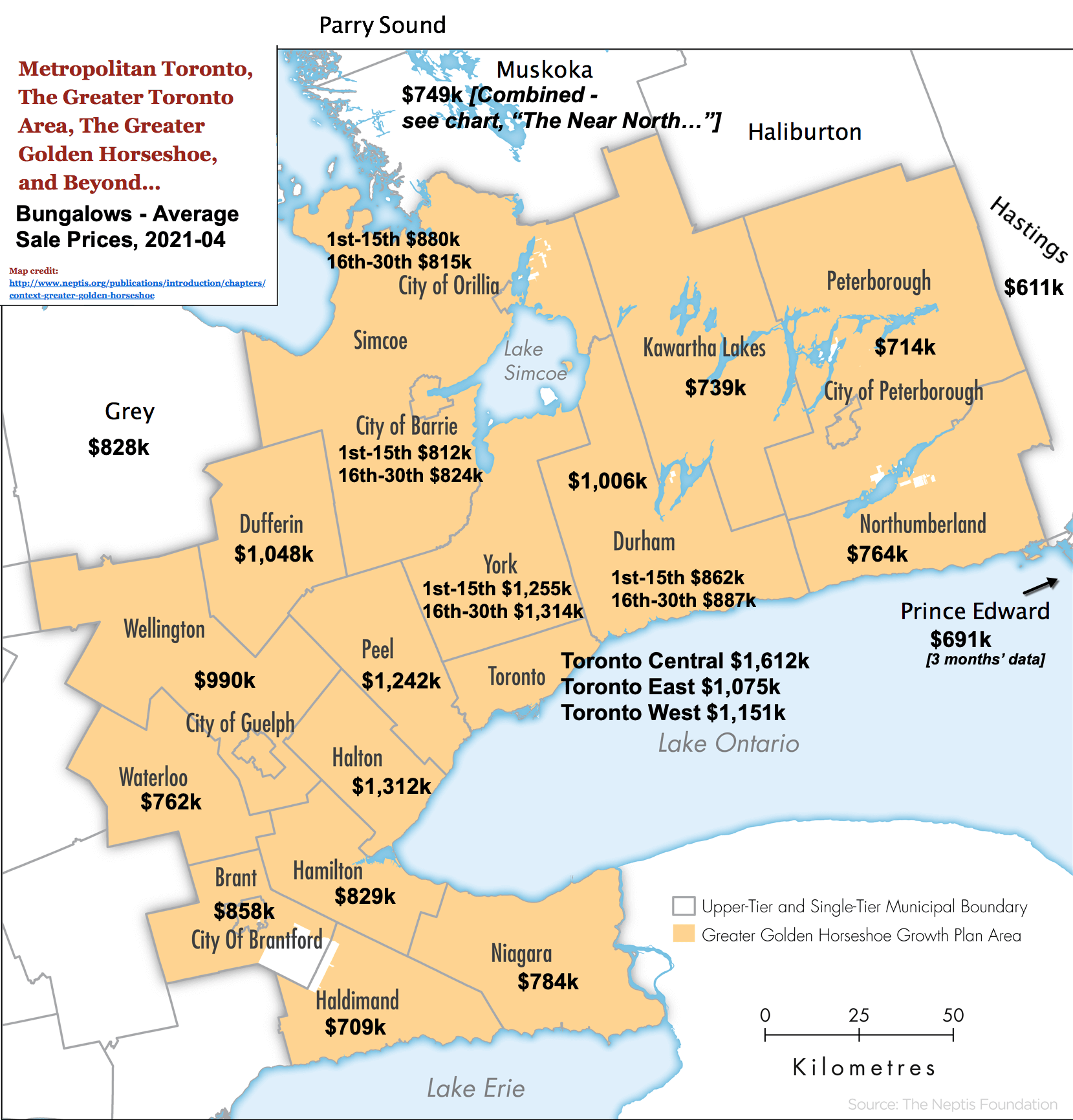 Image: Toronto / GTA / GGH Reference Map with 2021-04 Bungalow Prices & Stats by City / Region