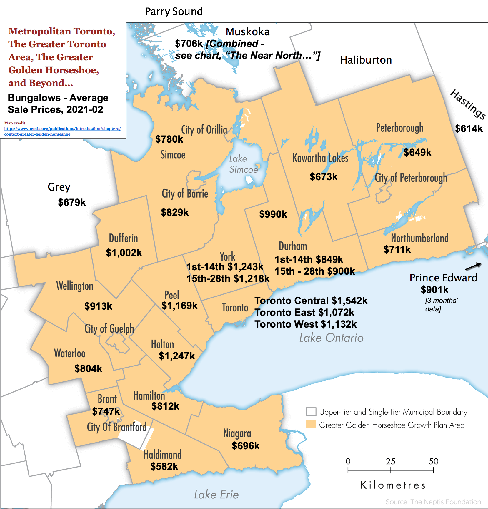 Image: Toronto / GTA / GGH Reference Map with 2021-02 Bungalow Prices & Stats by City / Region