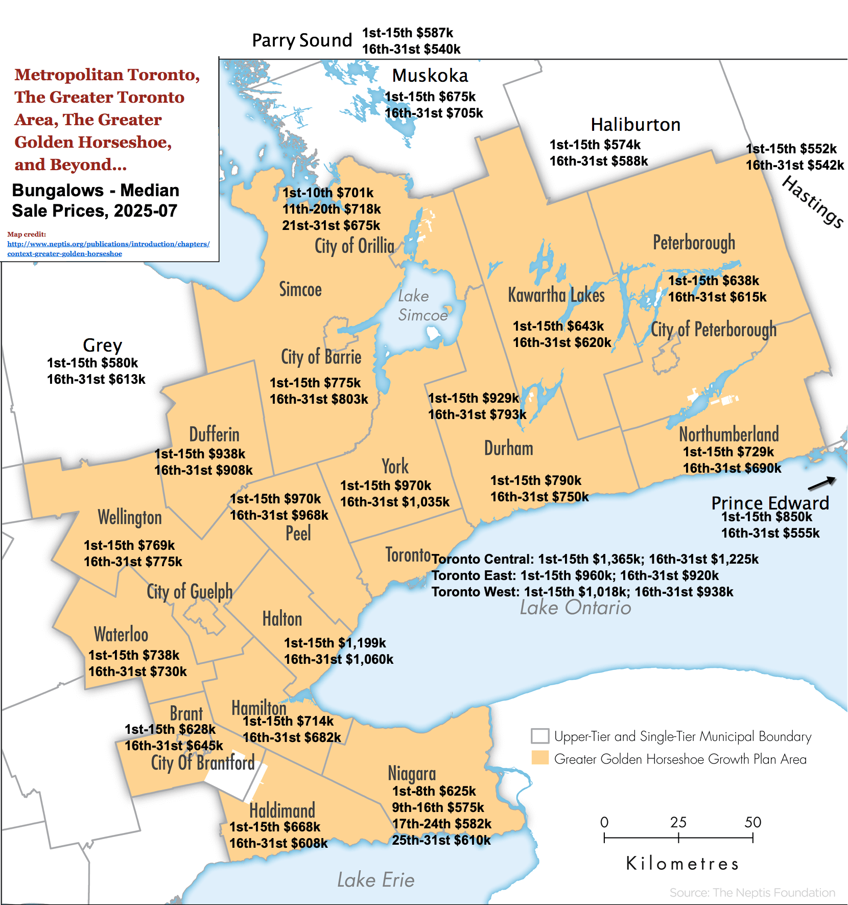 Map - 2025-07 Toronto GTA, GGH Ontario Bungalows, 1 Storey & Bungaloft For Sale, Sold & Full Stats by City-Region
