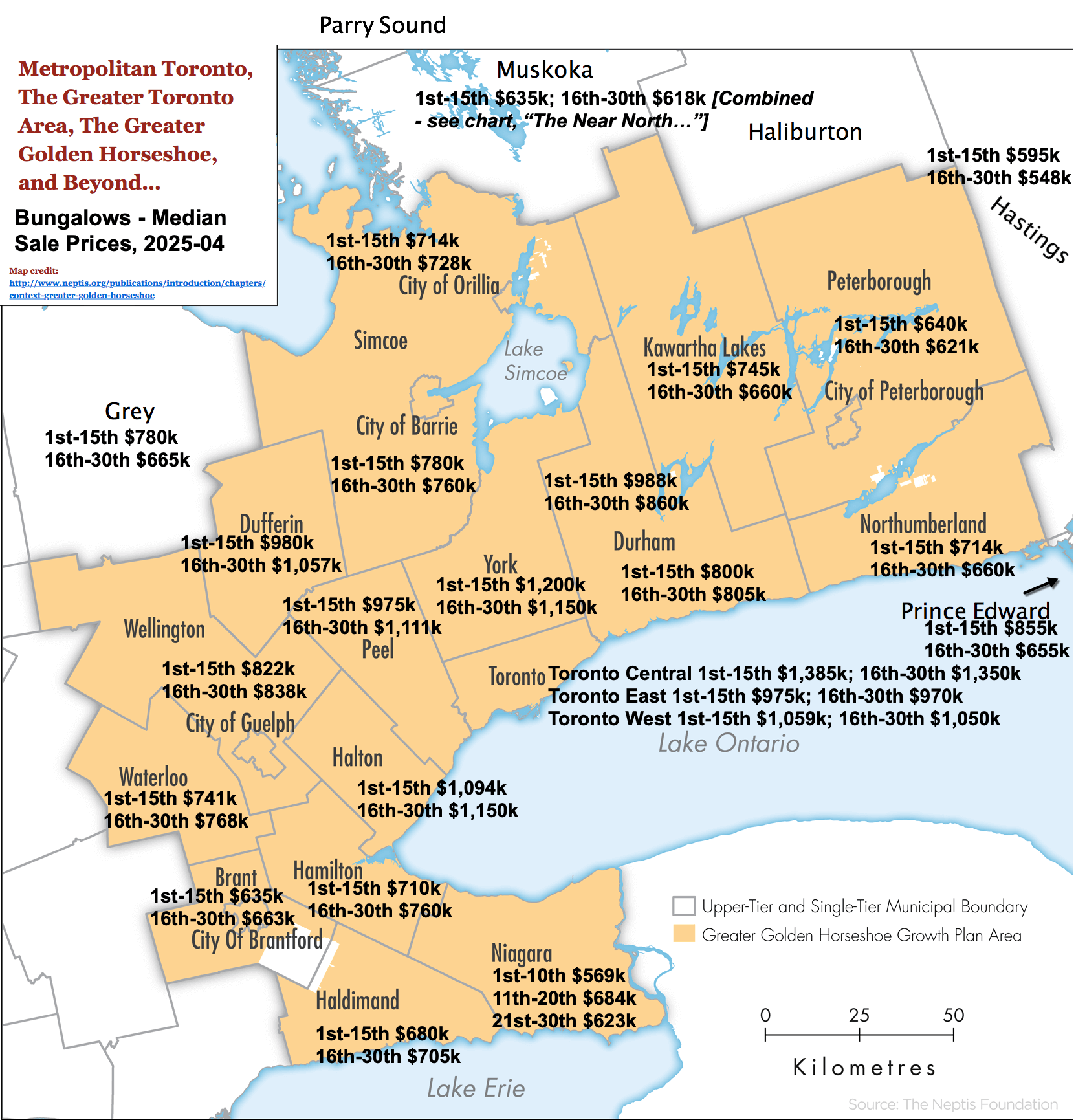 Map - 2025-04 Toronto GTA, GGH Ontario Bungalows, 1 Storey & Bungaloft For Sale & Sold by City-Region