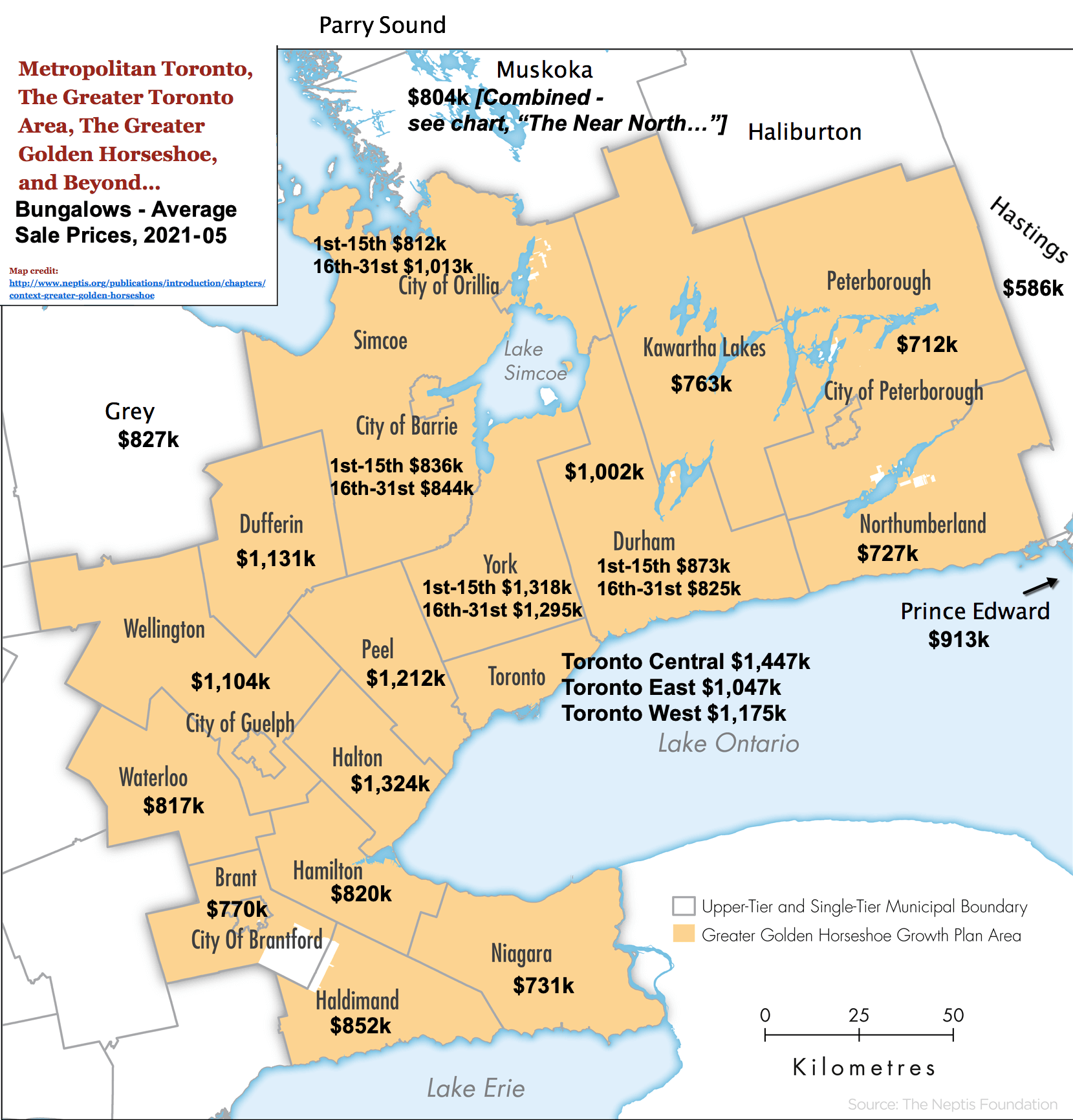 Image: Toronto / GTA / GGH Reference Map with 2021-05 Bungalow Prices & Stats by City / Region