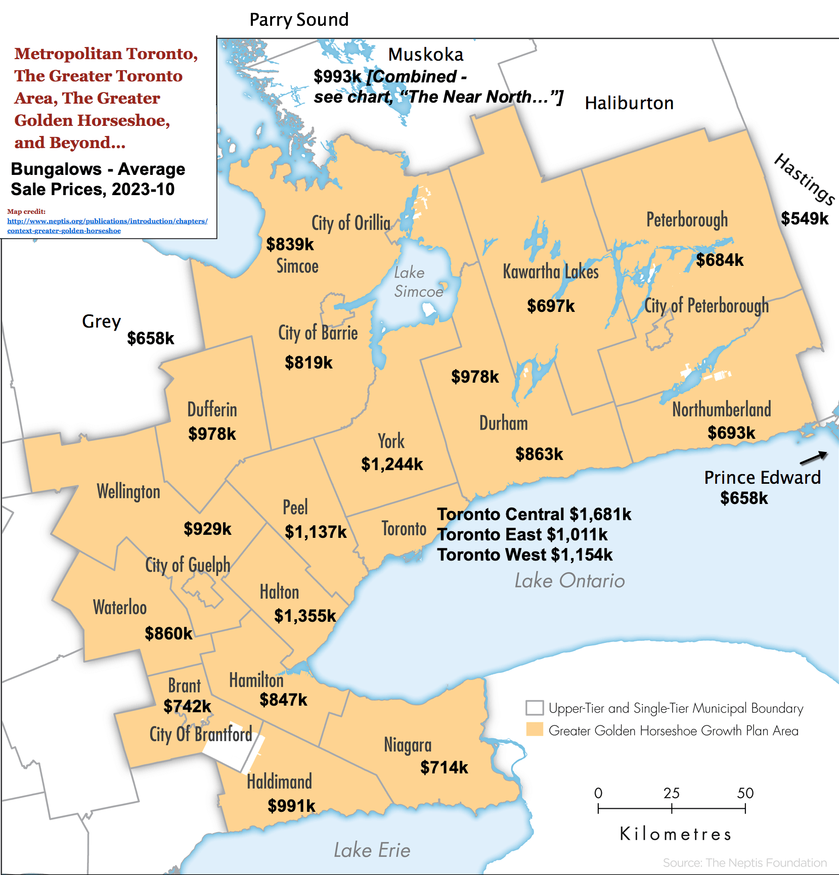 Image - Toronto, GTA & GGH Ontario Map with 2023-10 1 Storey & Bungalow Statistics by City / Region