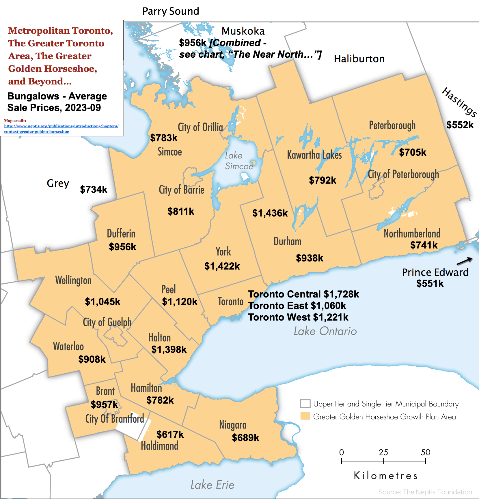 Image - Toronto, GTA & GGH Ontario Map with 2023-09 1 Storey & Bungalow Statistics by City / Region