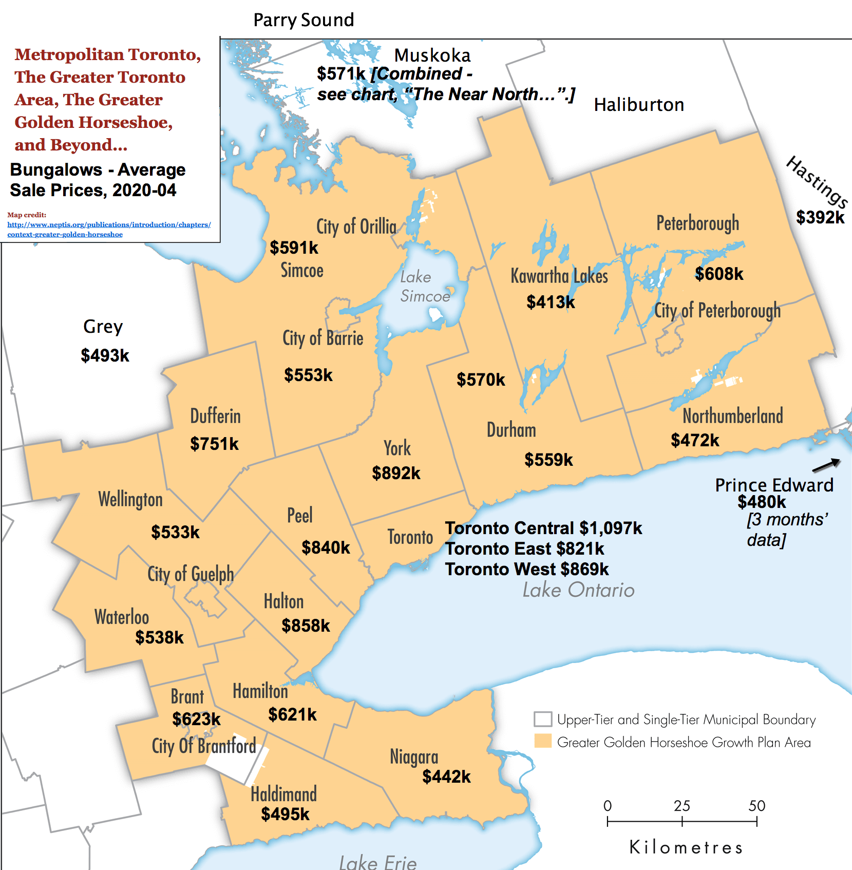 Image: Toronto / GTA / GGH Reference Map with 2020-04 Bungalow Prices & Stats by City / Region