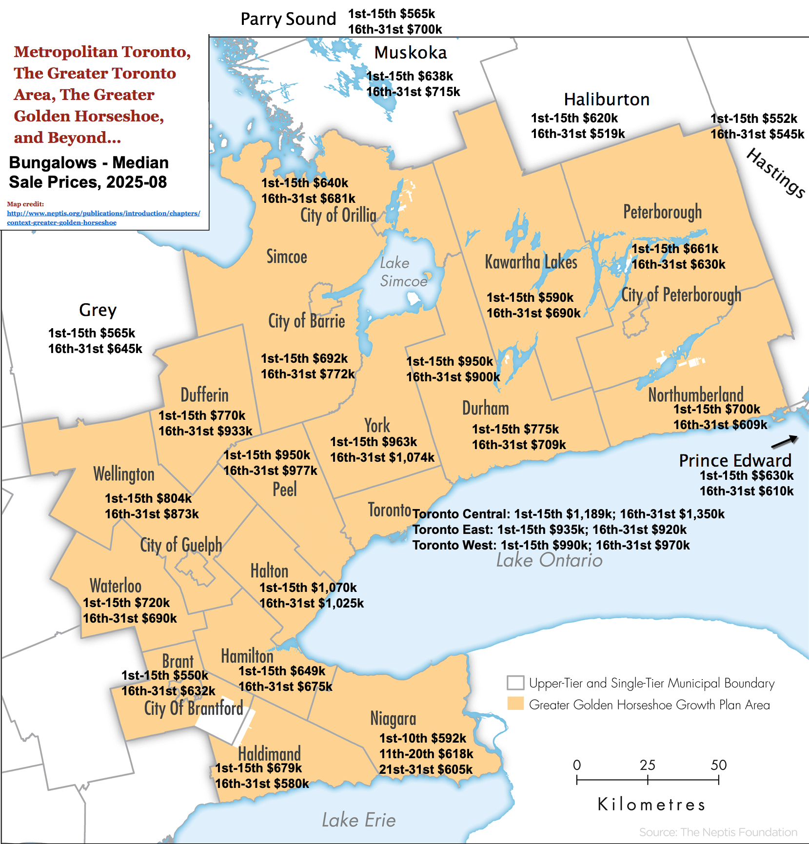 Map - 2025-08 Toronto GTA, GGH Ontario Bungalows, 1 Storey & Bungaloft For Sale, Sold & Full Stats by City-Region