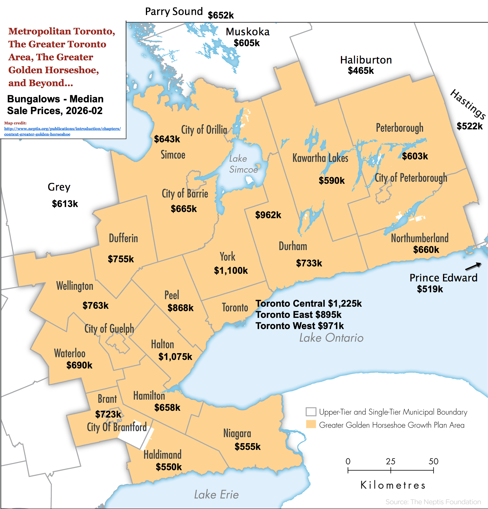 Map - 2026-02 Toronto GTA, GGH Ontario Bungalows, 1 Storey & Bungaloft For Sale, Sold & Full Stats by City-Region