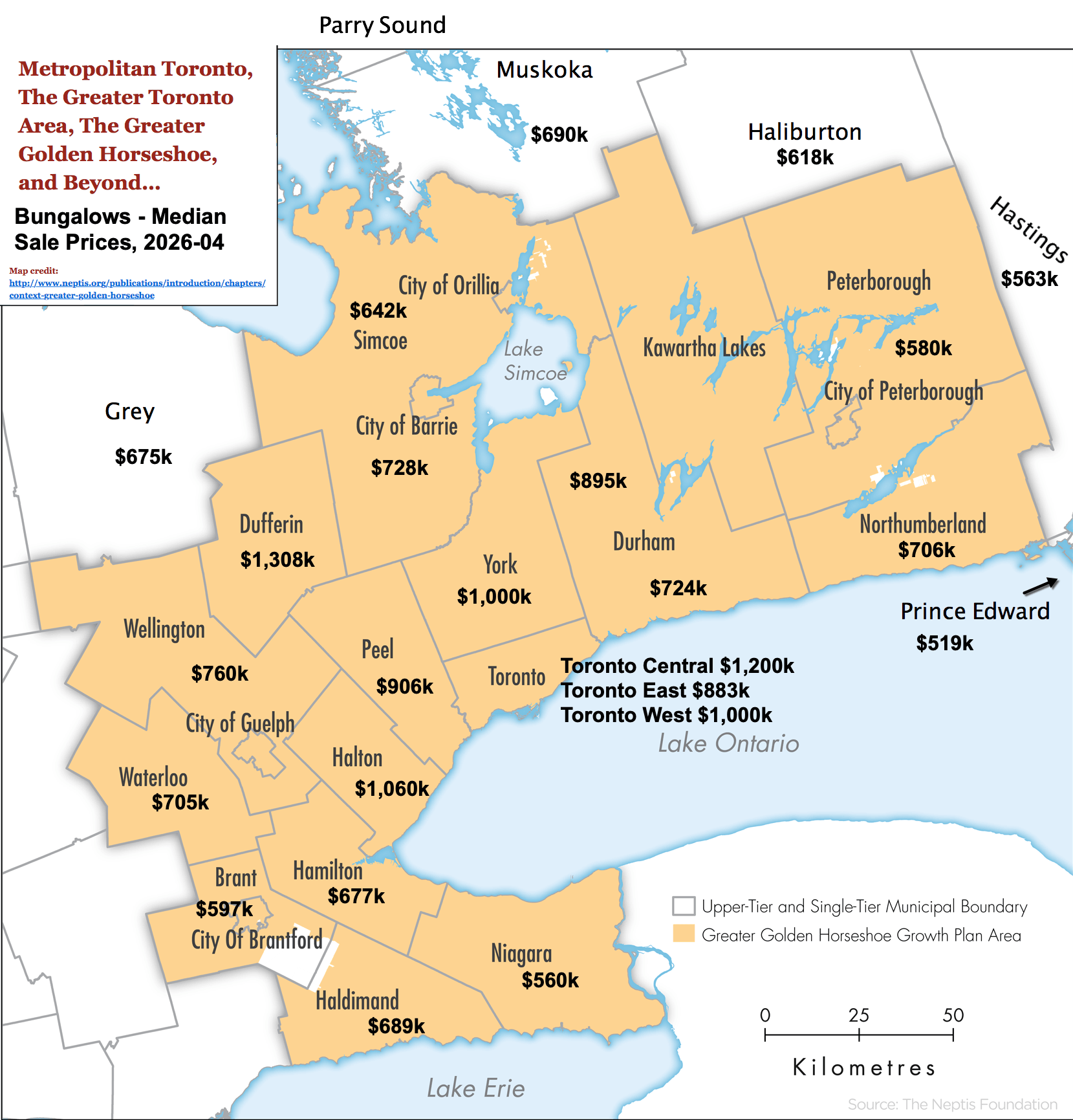 Map - 2026-04 Toronto GTA, GGH Ontario Bungalows, 1 Storey & Bungaloft For Sale, Sold & Full Stats by City-Region