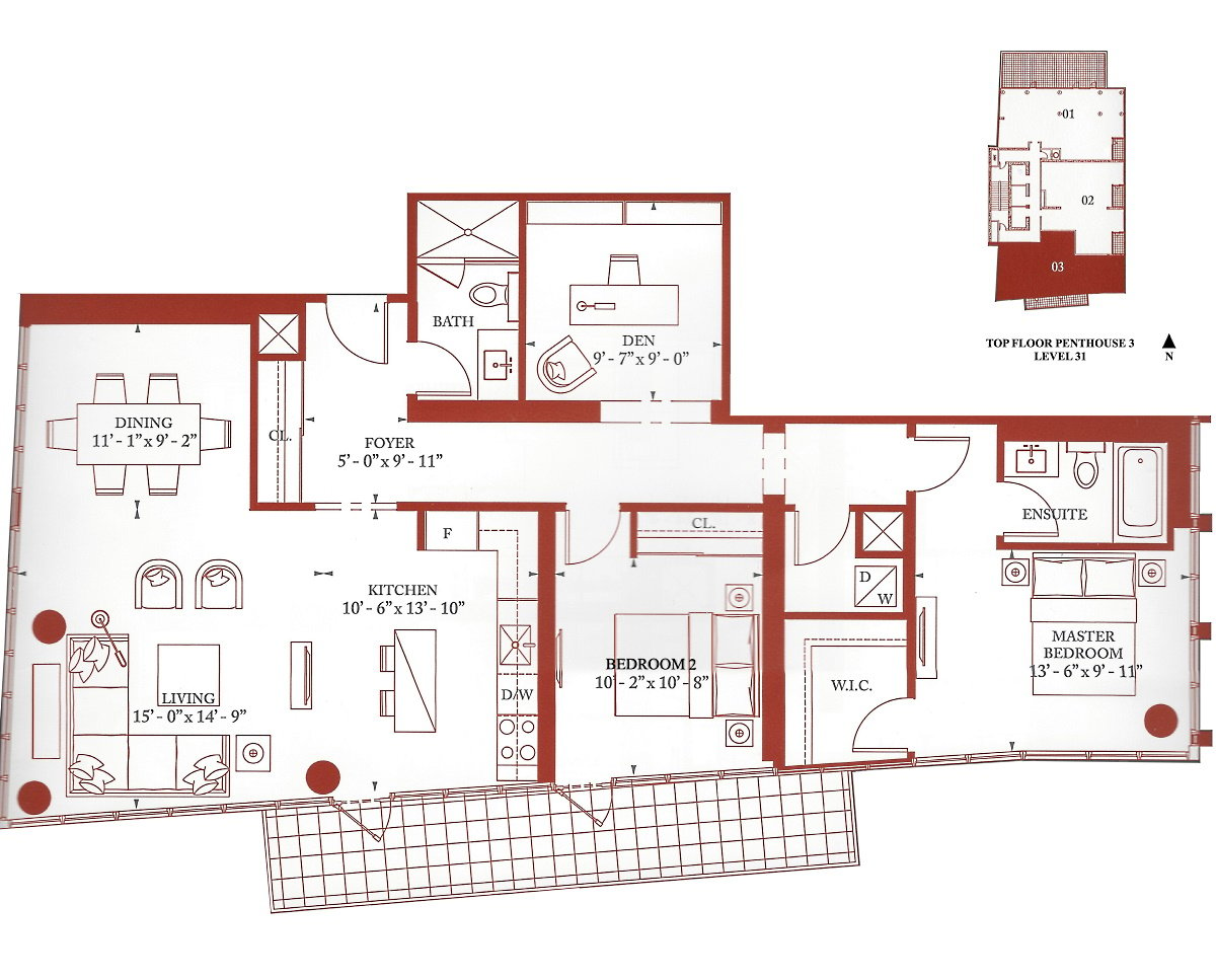 32 Davenport Rd Toronto Penthouse 3 Floor Plans Top Floor Suite 2 Bedrooms Den South Exposure 1361 Sq Ft Plus Balcony