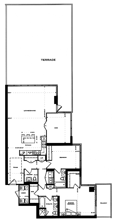 1 Bedford Rd Yorkville Annex Toronto Condos Floor Plans 2 Bedrooms Den 1664 Sq Ft Plus Terrace & Balcony Foster C Layout