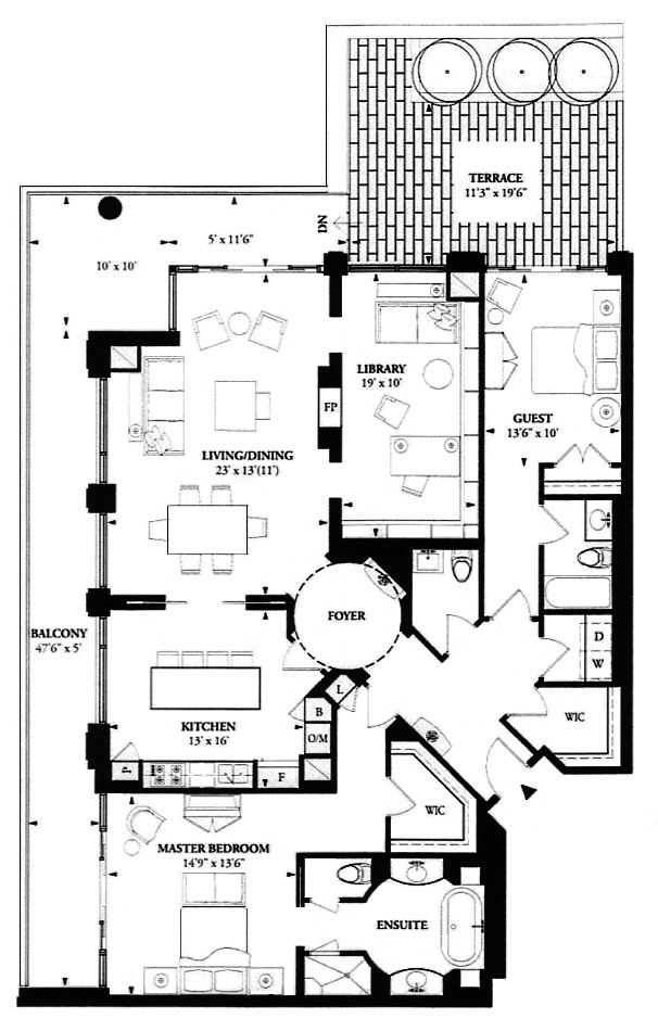 100 Yorkville Ave Toronto Condos Floor Plans 2 Bedrooms Library 1880 Sq Ft Plus Terrace & Balcony Ricci Layout