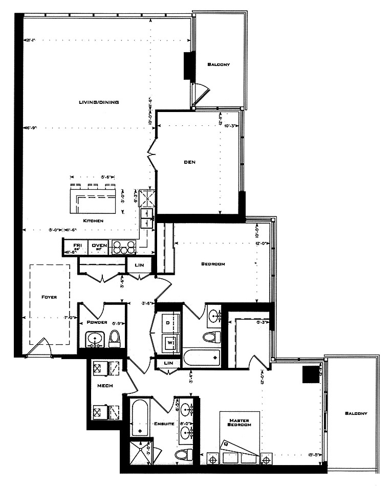1 Bedford Rd Yorkville Annex Toronto Condos Floor Plans 2 Bedrooms Den 1633 Square Feet Plus Balconies Foster B Layout