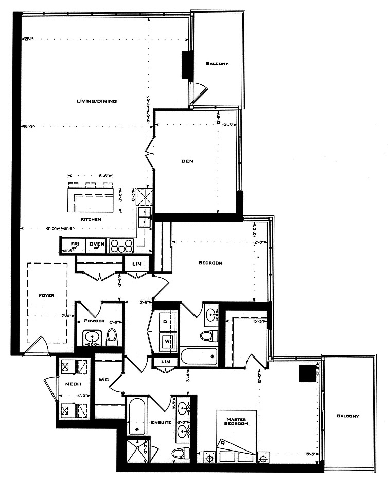 1 Bedford Rd Yorkville Annex Toronto Condos Floor Plans 2 Bedrooms Den 1664 Square Feet Plus Balconies Foster A Layout