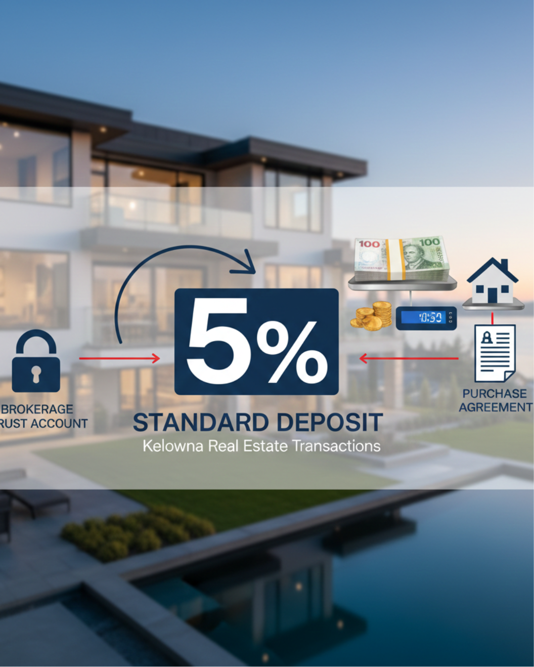 Modern Kelowna luxury home with overlay explaining the 5% real estate deposit process and purchase agreement requirements in British Columbia.