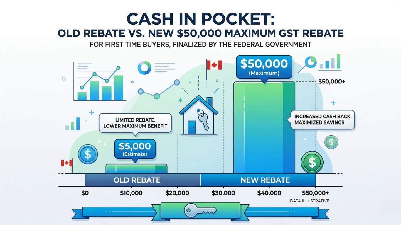 Comparison chart by Kelowna REALTOR® Justin Baarts showing the massive increase in the federal GST rebate. The bar graph illustrates the shift from the old limited rebate to the new $50,000 maximum rebate for first-time buyers purchasing new construction homes in Kelowna and the Okanagan.Justin Baarts Kelowna Real Estate Strategist - Federal GST Rebate Infographic 2026