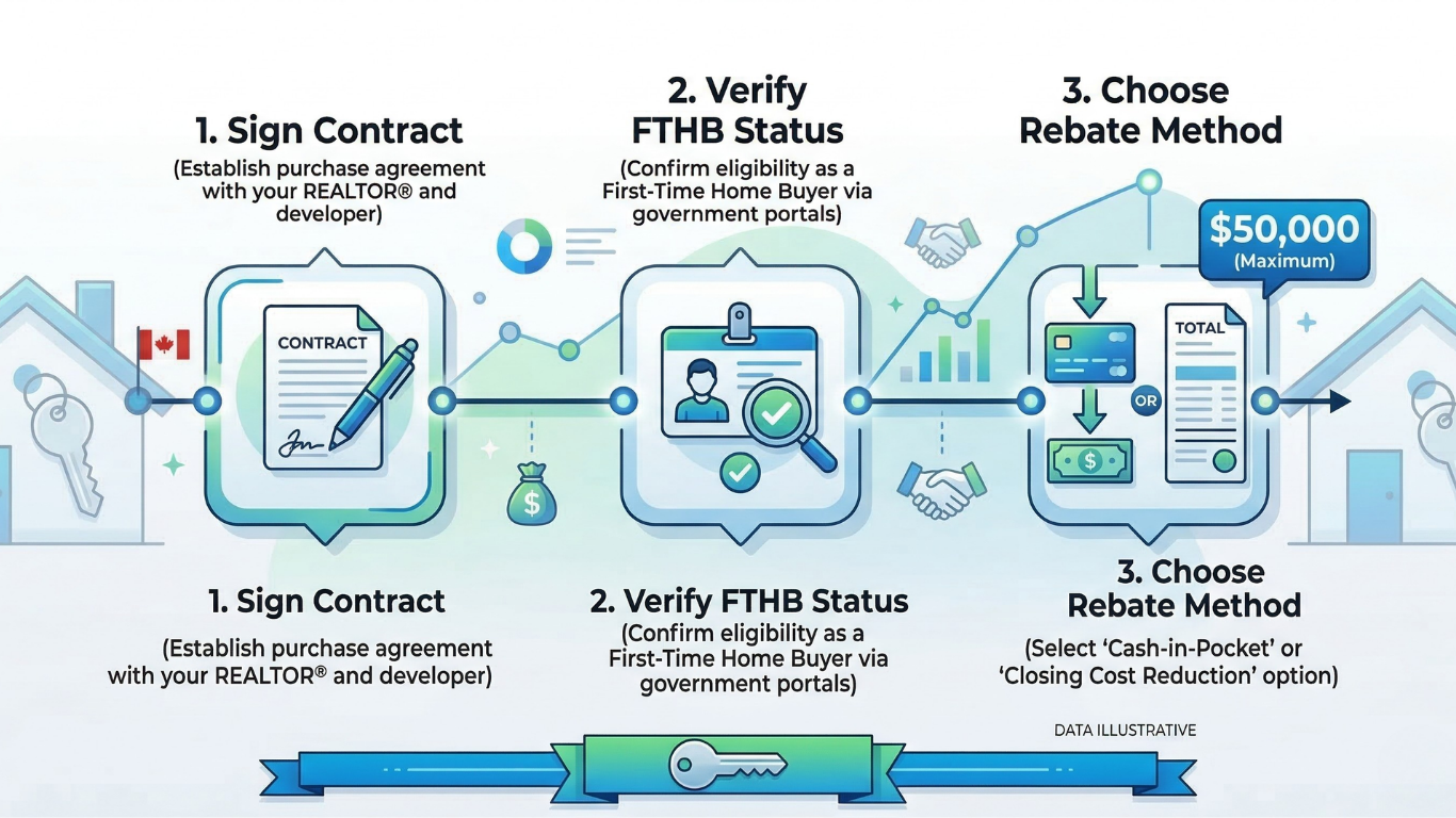 A 3-step timeline infographic by Justin Baarts, Kelowna REALTOR®, explaining how to claim the new $50,000 GST rebate. Step 1: Sign the purchase contract with your developer. Step 2: Verify First-Time Home Buyer (FTHB) status via government portals. Step 3: Choose your rebate method—either as 'Cash-in-Pocket' or a 'Closing Cost Reduction'. Justin Baarts Kelowna Real Estate Strategist - Federal GST Rebate Infographic 2026