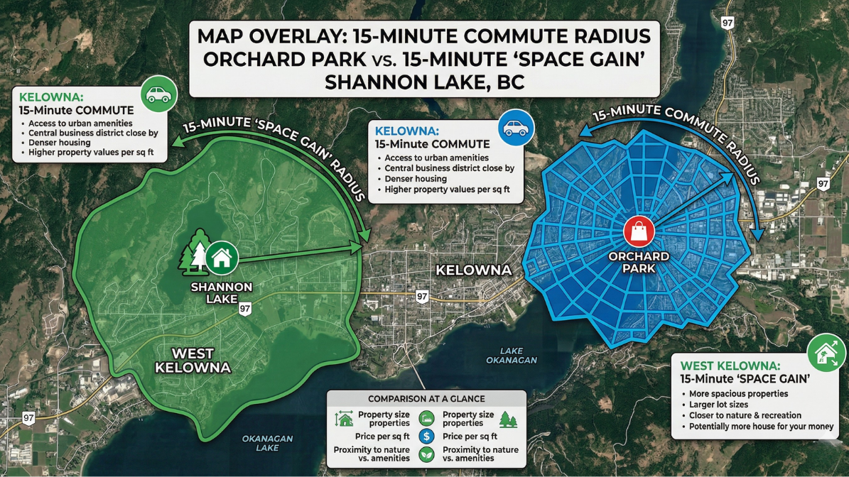 Aerial map comparison of Kelowna real estate showing a 15-minute commute radius around Orchard Park Shopping Centre versus a 15-minute 'Space Gain' radius in the Shannon Lake neighborhood of West Kelowna, highlighting differences in lot sizes and urban proximity.