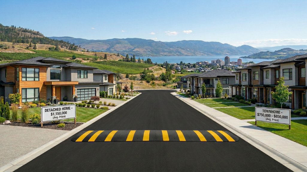 New contemporary real estate development in Lower Mission, Wilden and Glenmore, BC, overlooking vineyards, Okanagan Lake, and the city skyline. This modern planned community showcases luxury detached homes on the left and attached townhomes on the right, providing a clear comparison of diverse housing options and pricing points for potential homebuyers.