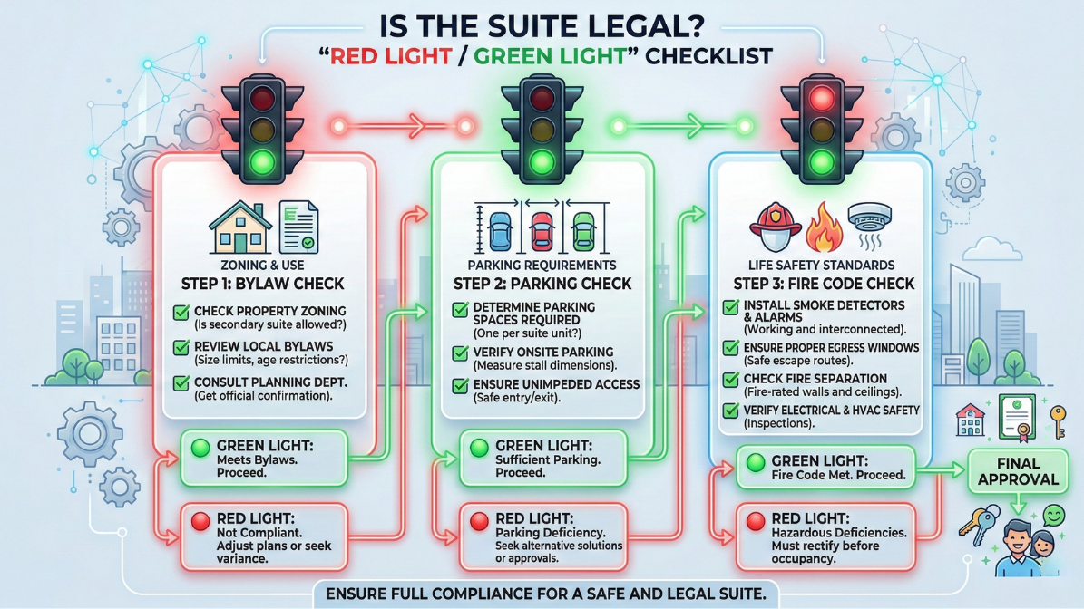 Infographic flowchart for legal suite compliance featuring a Red Light / Green Light checklist for real estate investors in Kelowna. Steps include Bylaw Check for zoning, Parking Check for stall requirements, and Fire Code Check for life safety standards. This impacts Glenmore, Wilden, Upper Mission, Lower Mission as well.