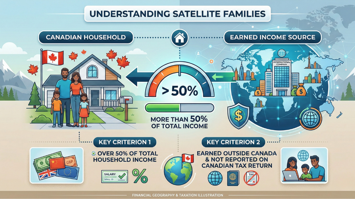 Infographic defining a Satellite Family for Canadian real estate tax purposes. Illustration shows a Canadian household where over 50% of total income is earned outside Canada and not reported on a Canadian tax return.