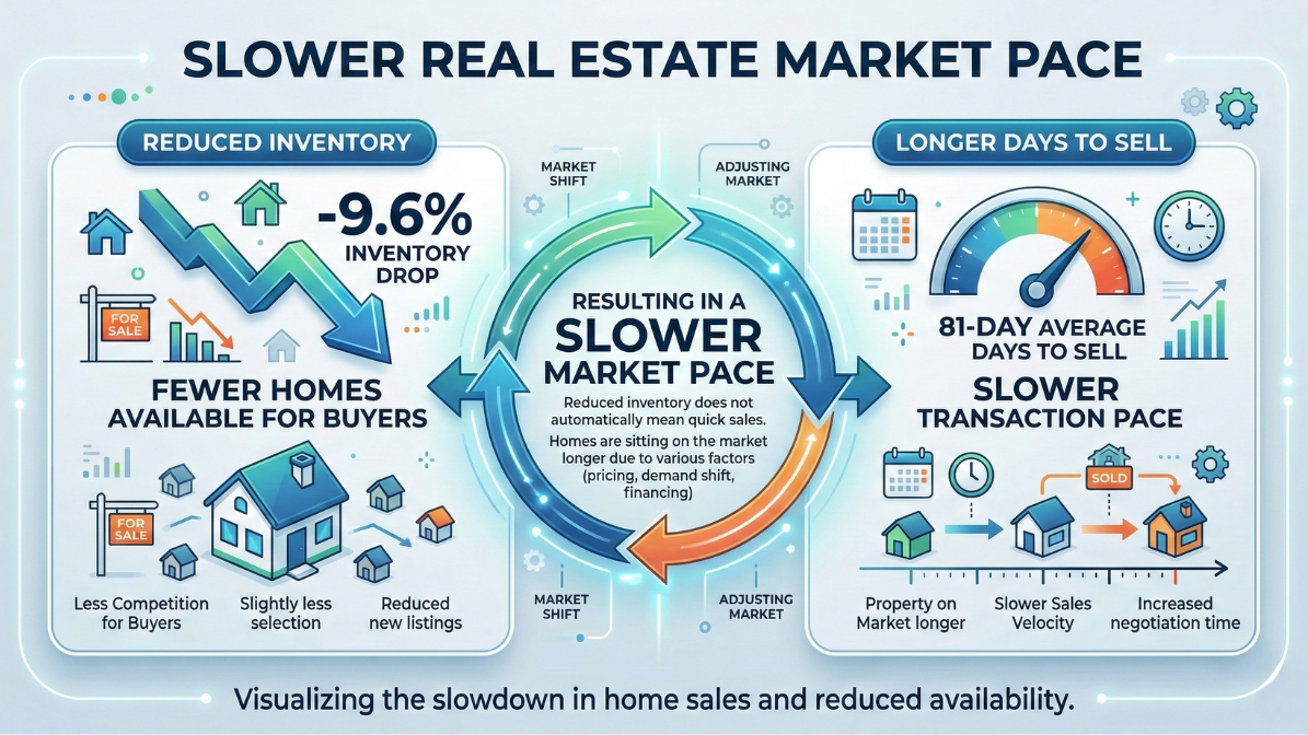Kelowna real estate market infographic showing a 9.6% drop in inventory and an 81-day average days-to-sell, illustrating a slower market pace in the Okanagan.