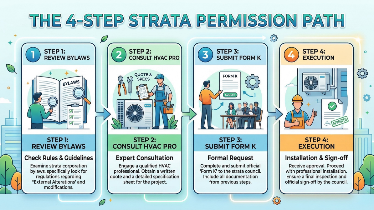 The 4-Step Strata Permission Path" for HVAC installation. Steps include: 1. Reviewing strata bylaws for external alterations; 2. Consulting an HVAC professional for quotes and spec sheets; 3. Submitting Form K to the strata council; and 4. Execution of professional installation and official sign-off.