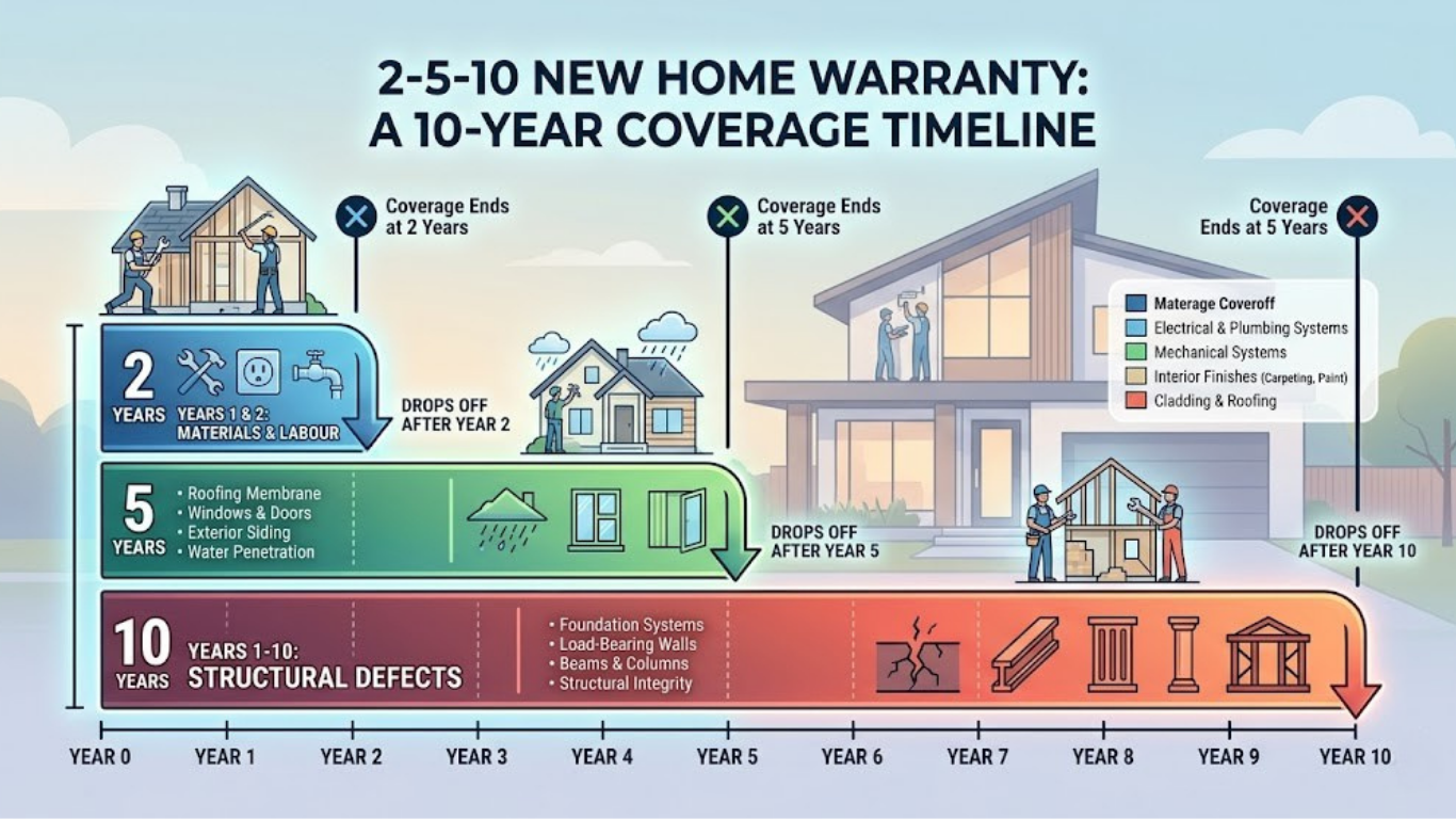 Graphic for an Ultimate Guide to 2-5-10 New Home Warranty in BC, featuring a happy family in front of a modern new construction home and a timeline showing 2-year materials, 5-year building envelope, and 10-year structural coverage. If you're buying a new home in Wilden, Upper Mission, Kettle Valley, or Lake country make sure you're protected