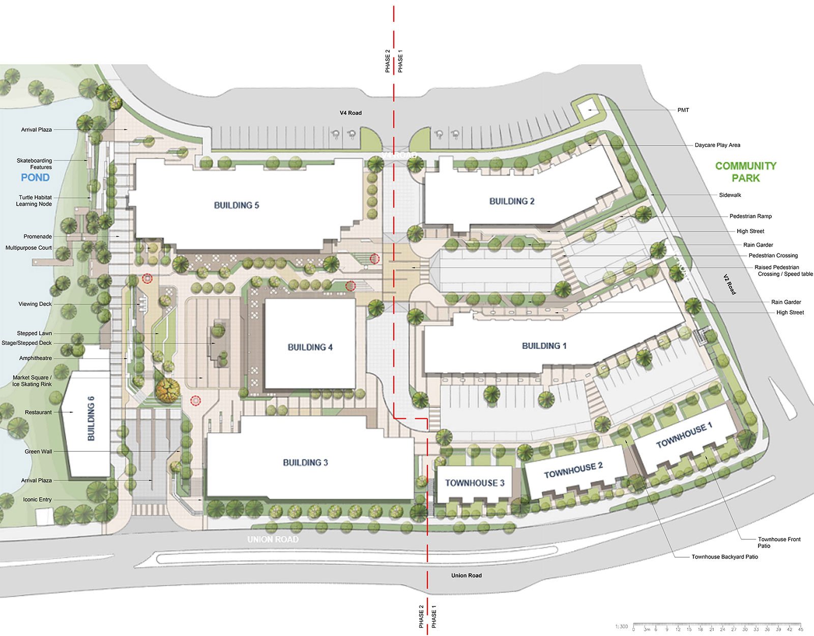 An illustrated master site plan for Wilden Market Square showing the layout of townhomes, mixed-use buildings, a pedestrian plaza, and community amenities like an amphitheater and skating rink bordering a natural pond. Future Elementry School in WIlden. A Sports field. Overall Community hub, to create a greater sense of community in Wilden