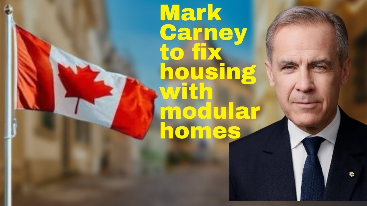 Prime Minister Mark Carney addressing housing policy in Canada, with Parliament buildings in background